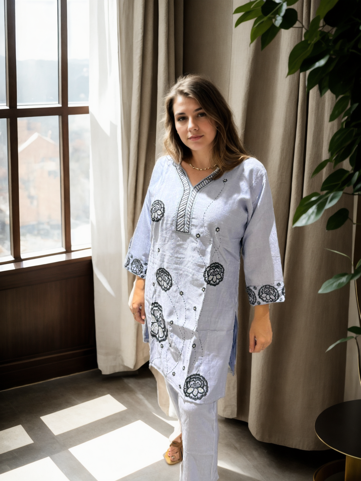 Zoya Bloom Embroidered Coord Set – Veticaan Fabric (Lilac Petal & Mist Blue)