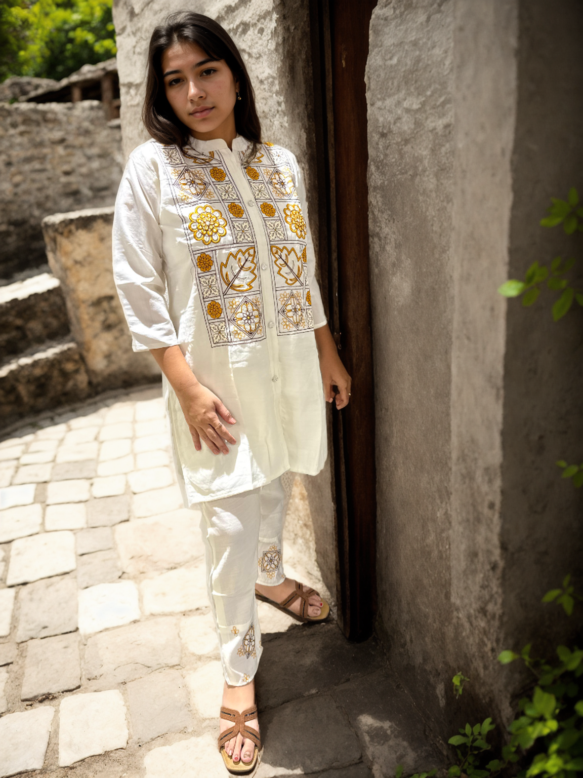 Floral Tile Embroidered Co-ord Set in Roman Silk