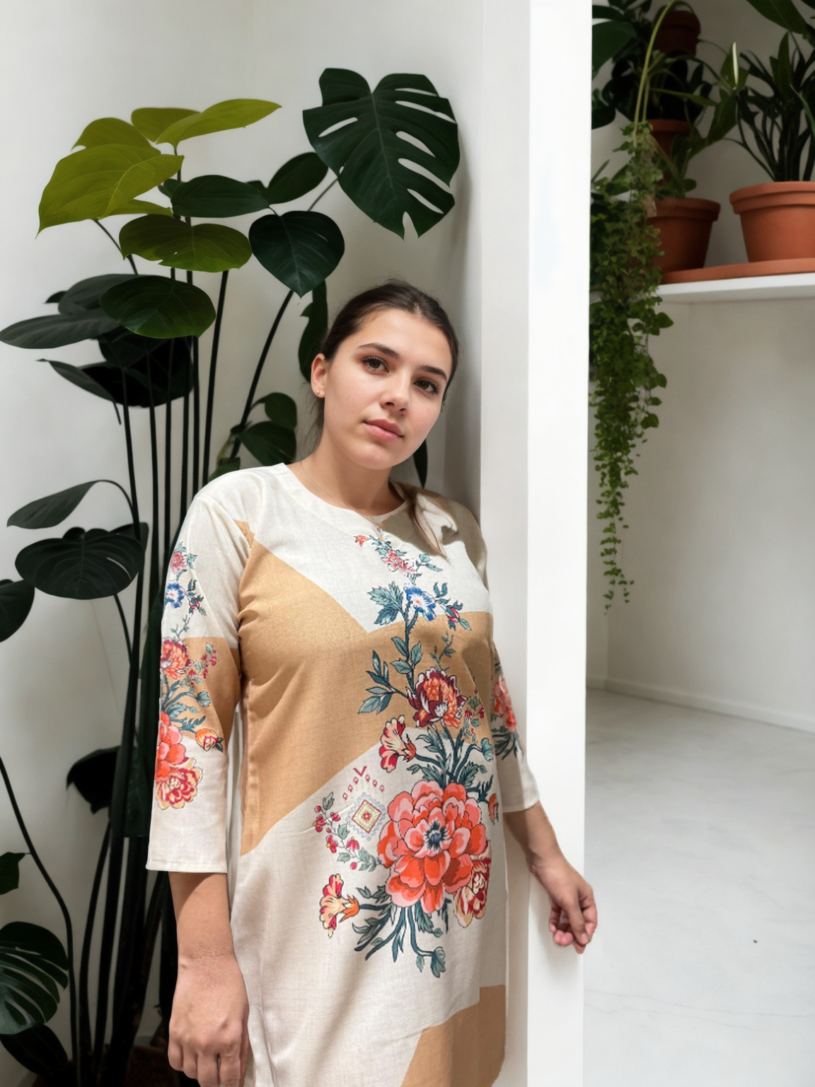 Beige & Ivory Floral Printed Cotton Coord Set