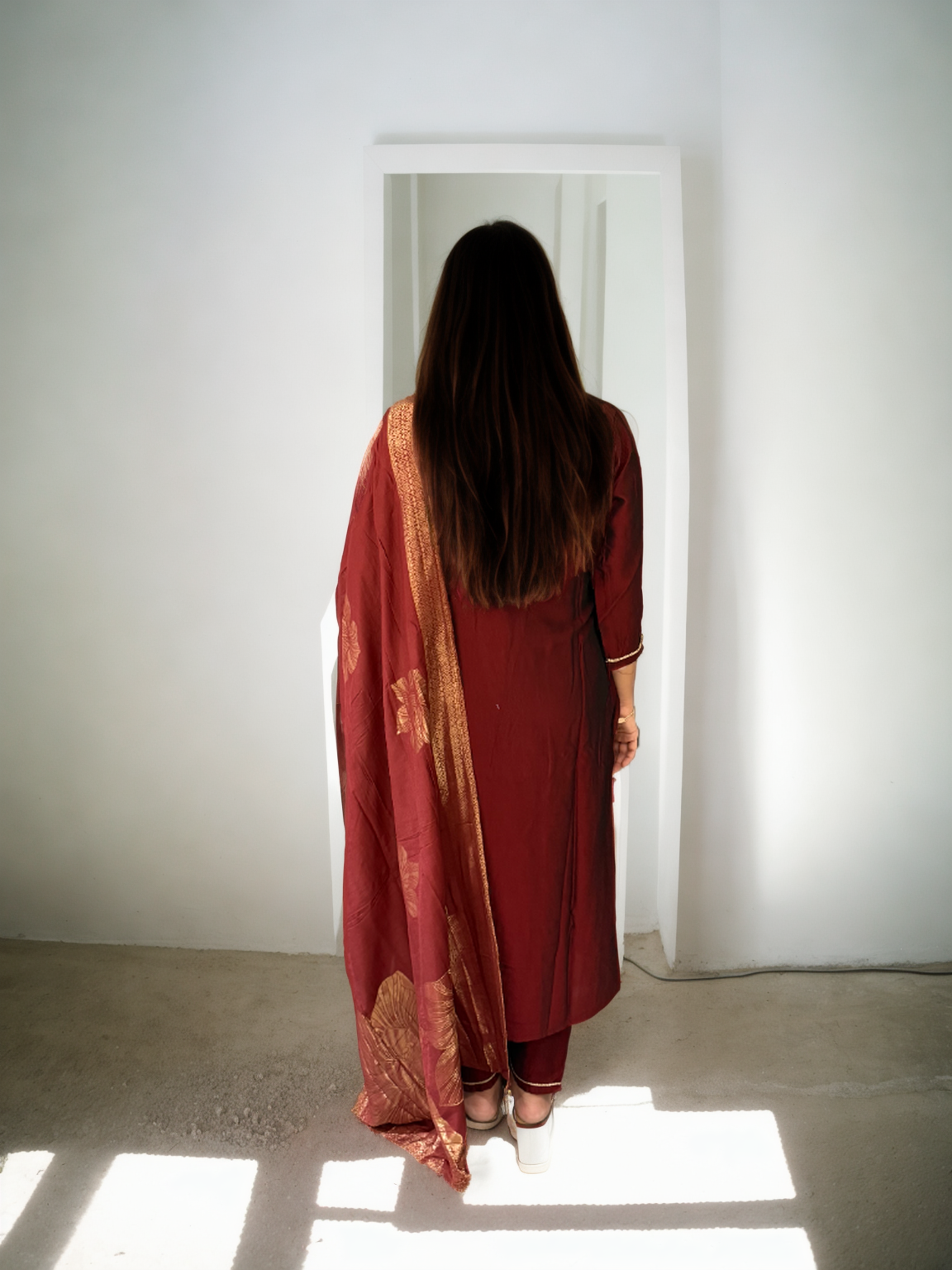 Deep Maroon Rangila Silk Suit with Hand Embroidery & Muslin Foil Dupatta