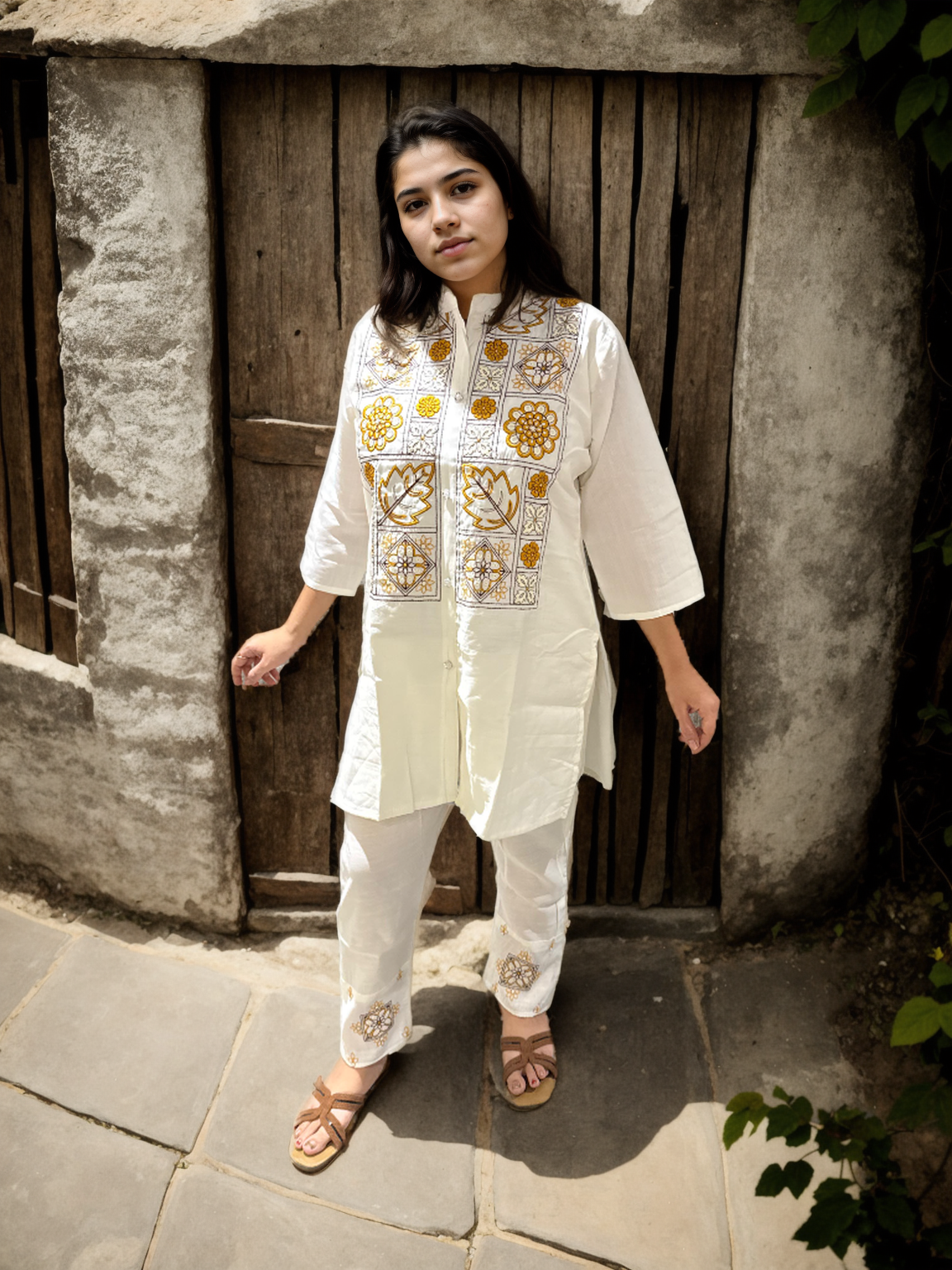 Floral Tile Embroidered Co-ord Set in Roman Silk