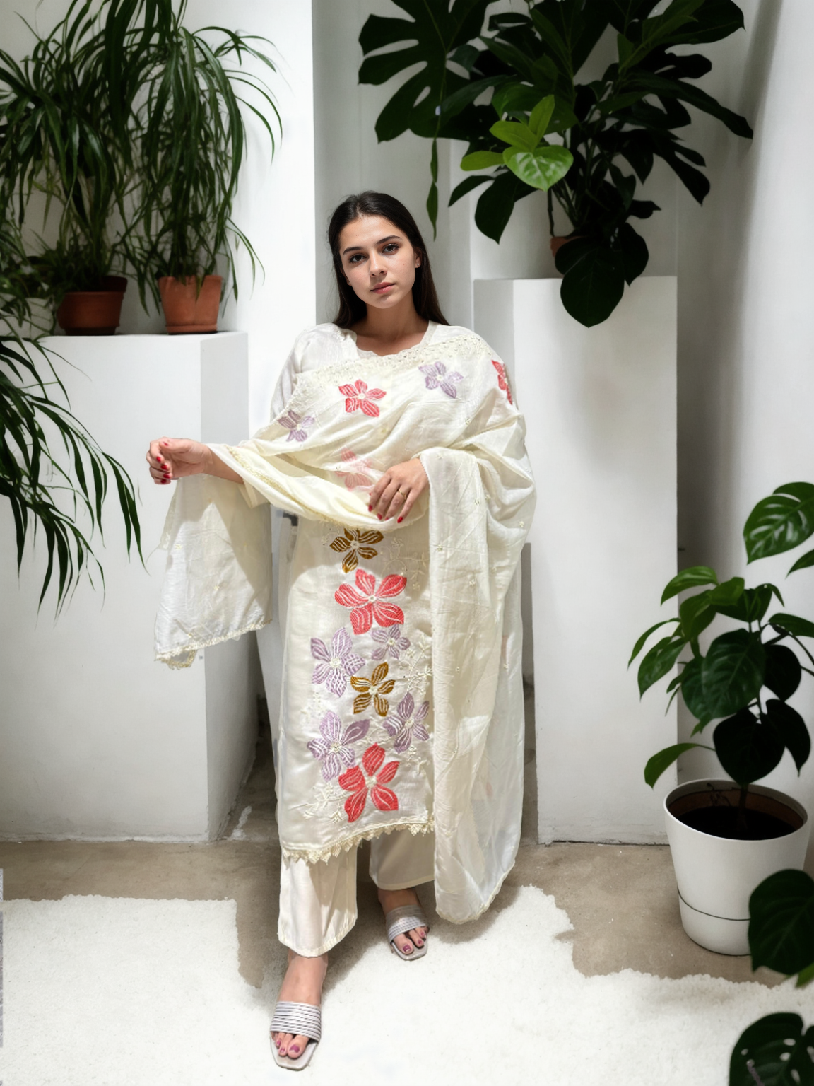 Ivory Mul Chanderi Suit Set with Hand-Embroidered Floral Dupatta 🌸