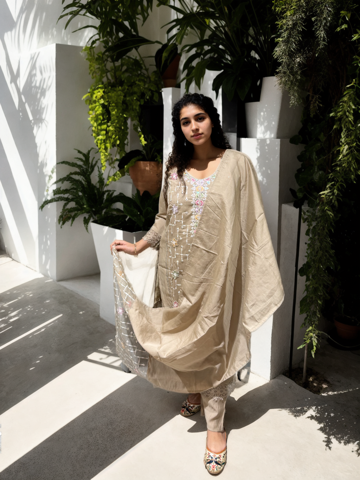 Elegant Beads Work Suit Set on Roman Silk – Available in Pink, Teal Blue & Beige
