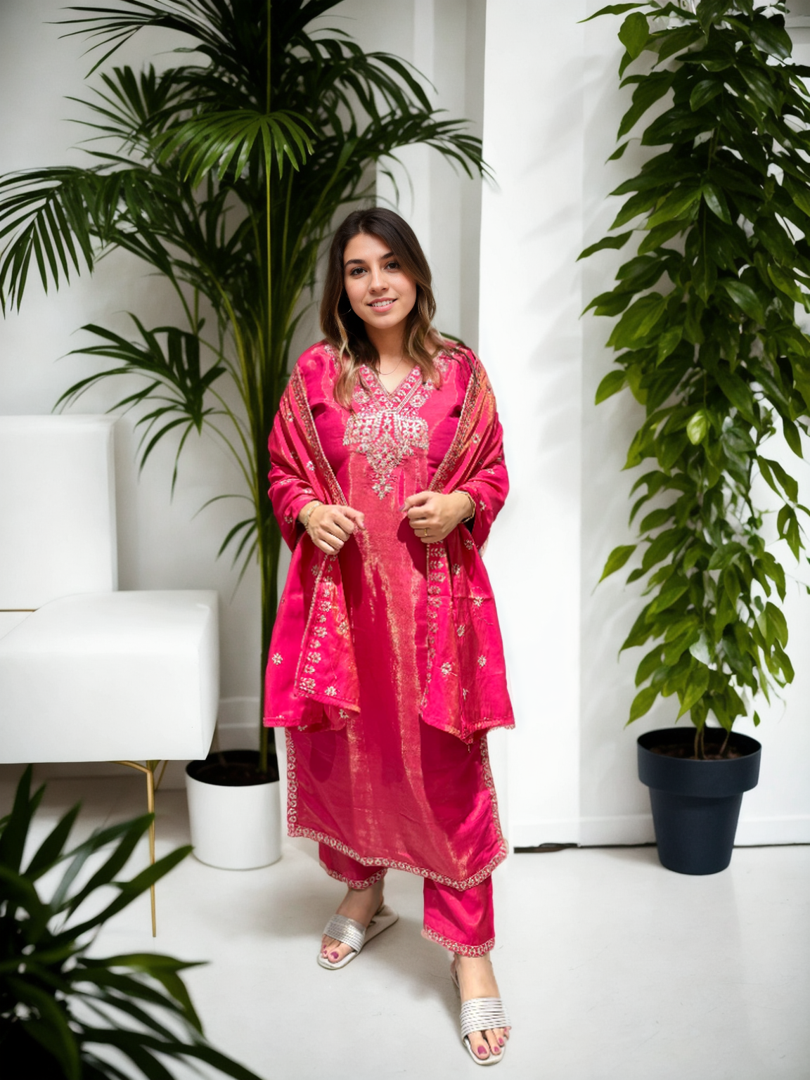 Shimmer Edition Roman Silk Suit Set – Embroidered Dupatta & Sleeves