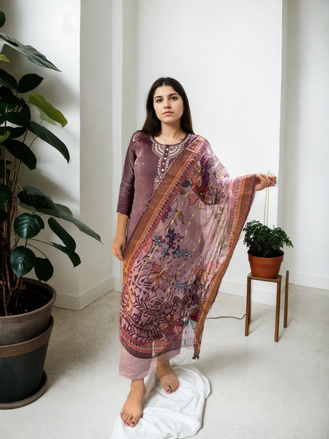 Royal Radiance: Mirror-Work Suit with Floral Digital Dupatta