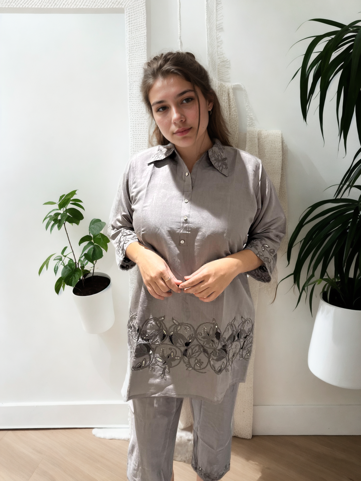 Ziva Cutwork Coord Set – Roman Silk | M to XXL