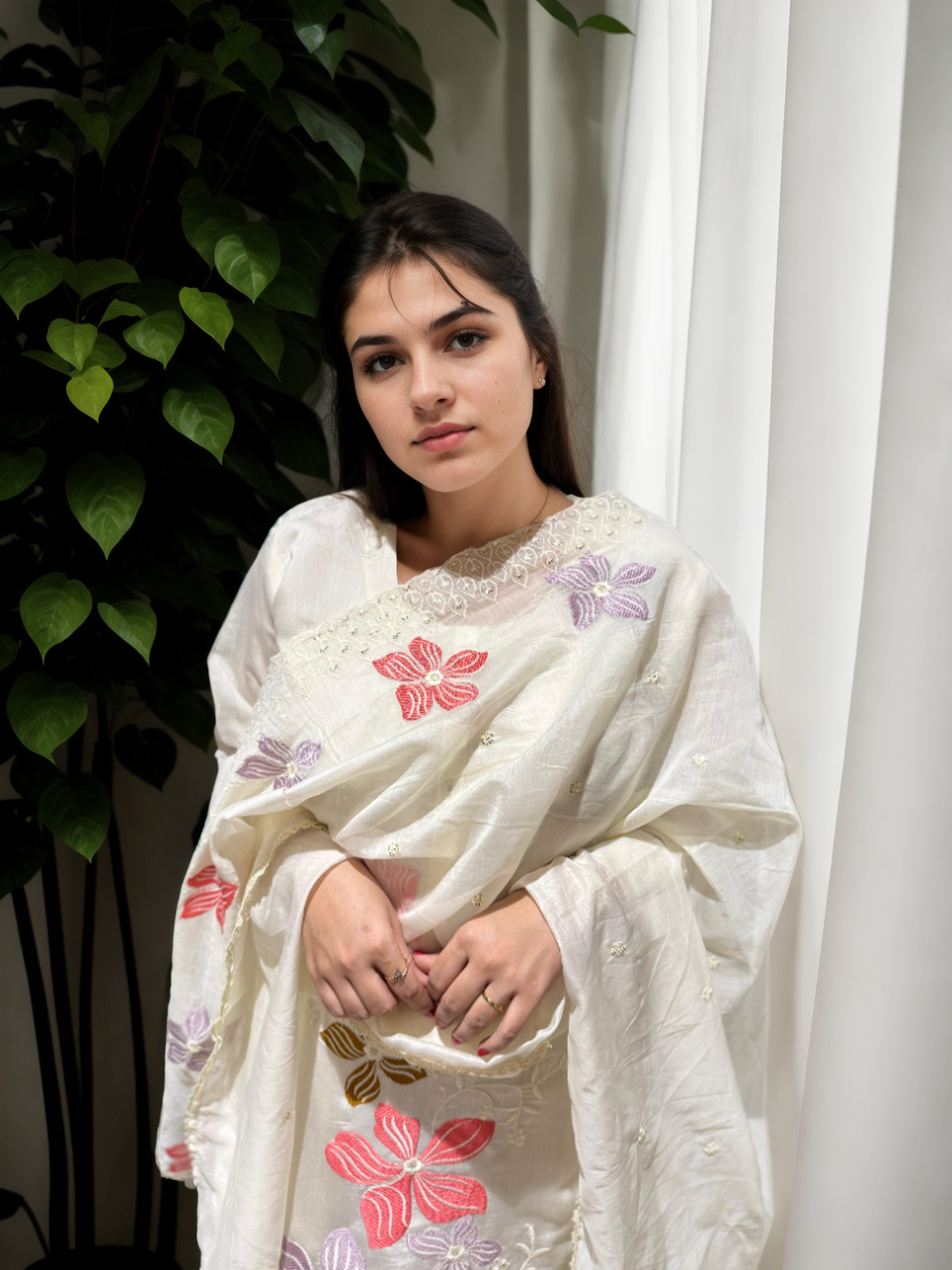 Ivory Mul Chanderi Suit Set with Hand-Embroidered Floral Dupatta 🌸