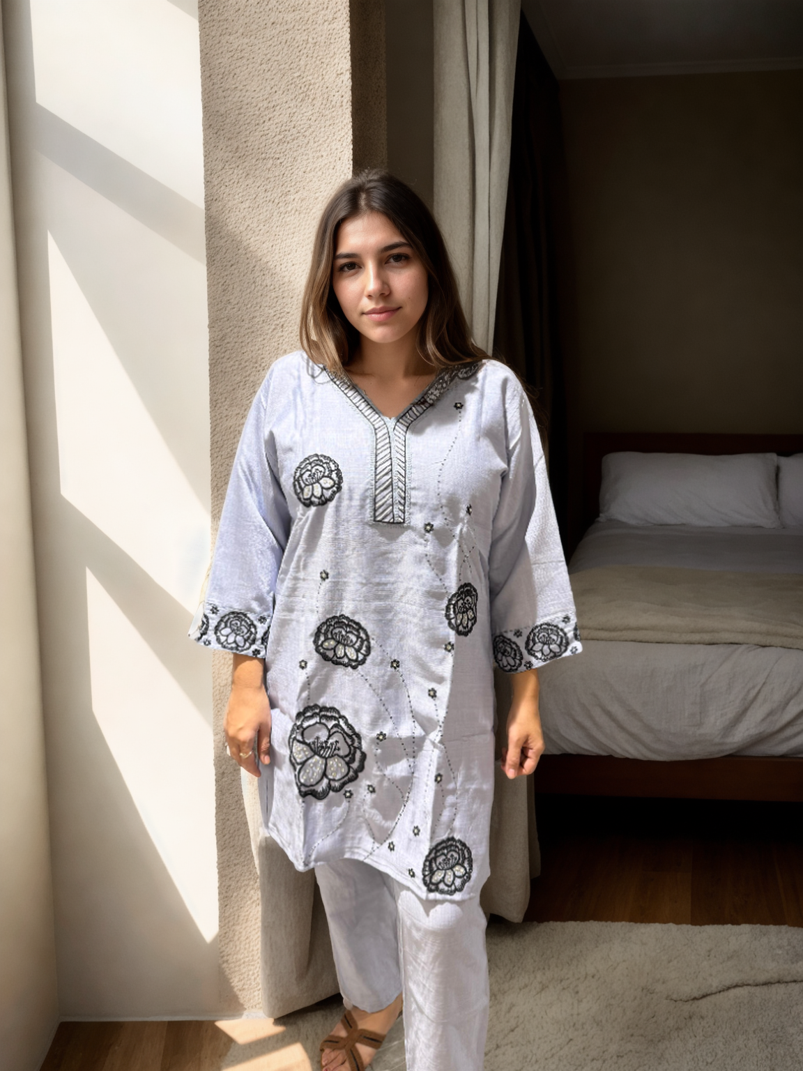 Zoya Bloom Embroidered Coord Set – Veticaan Fabric (Lilac Petal & Mist Blue)