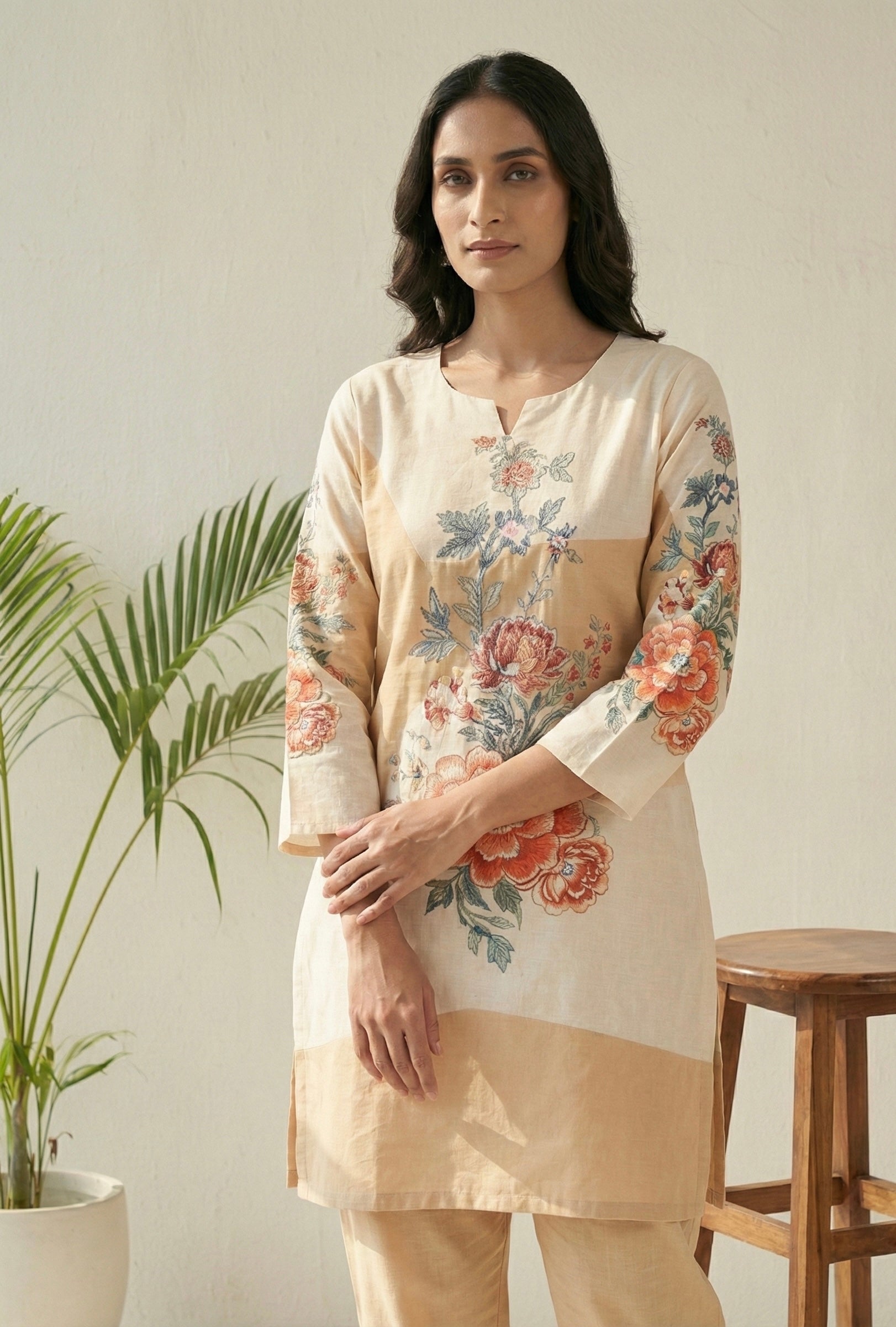 Beige & Ivory Floral Printed Cotton Coord Set