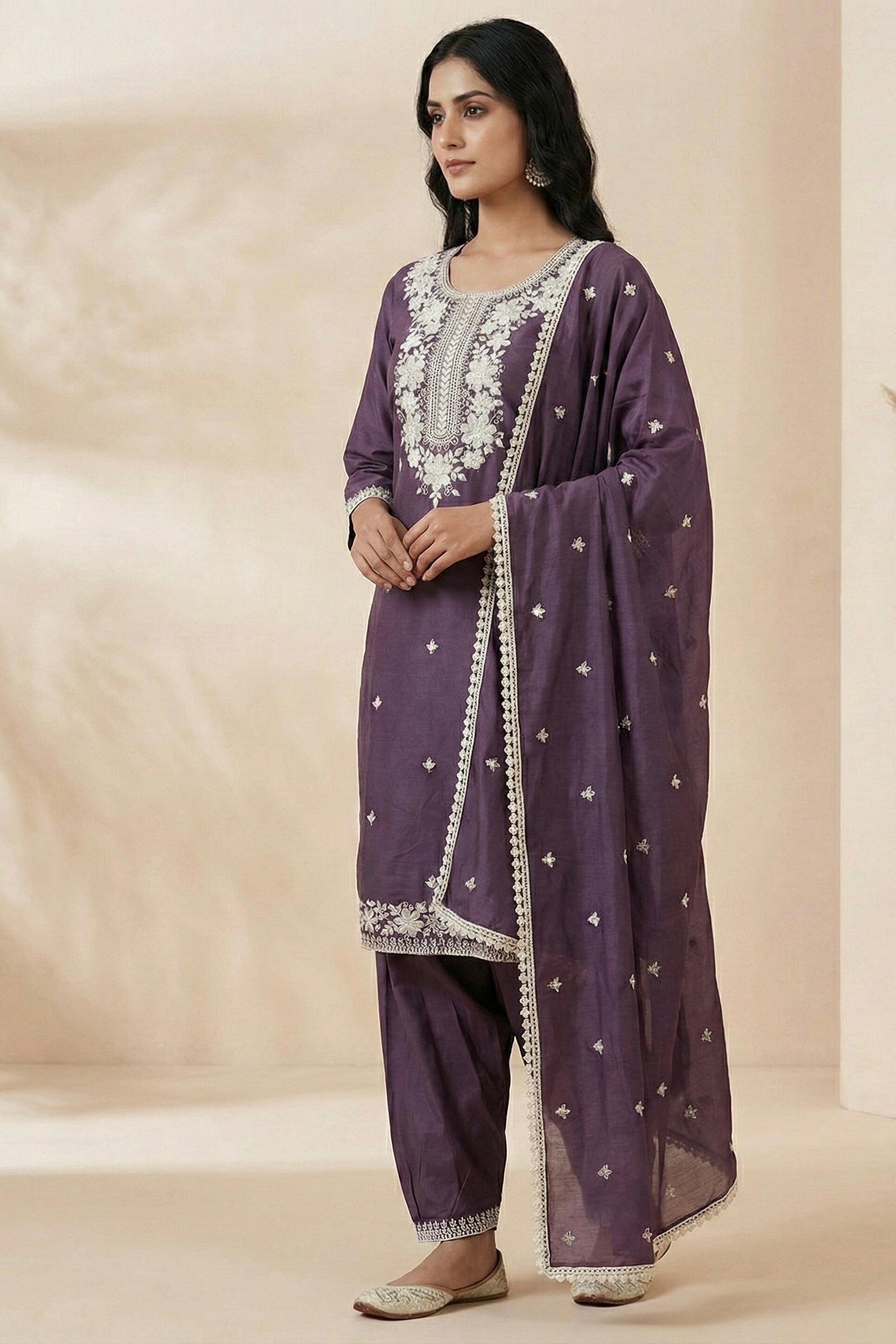 Patiala Suit Set with Hand-Embroidered Detailing & American Crepe Inner