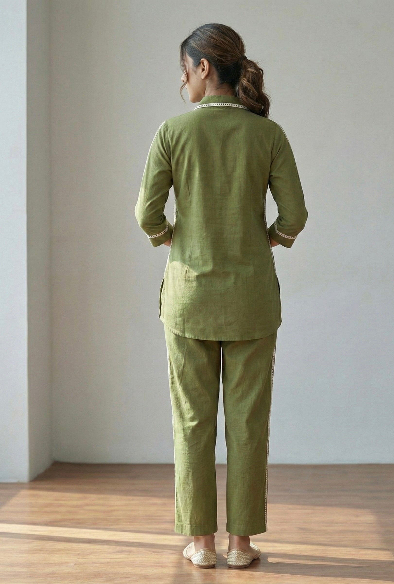 The Olive Aura: Handcrafted Khadi Cotton Co-ord Set with Lace Detailing