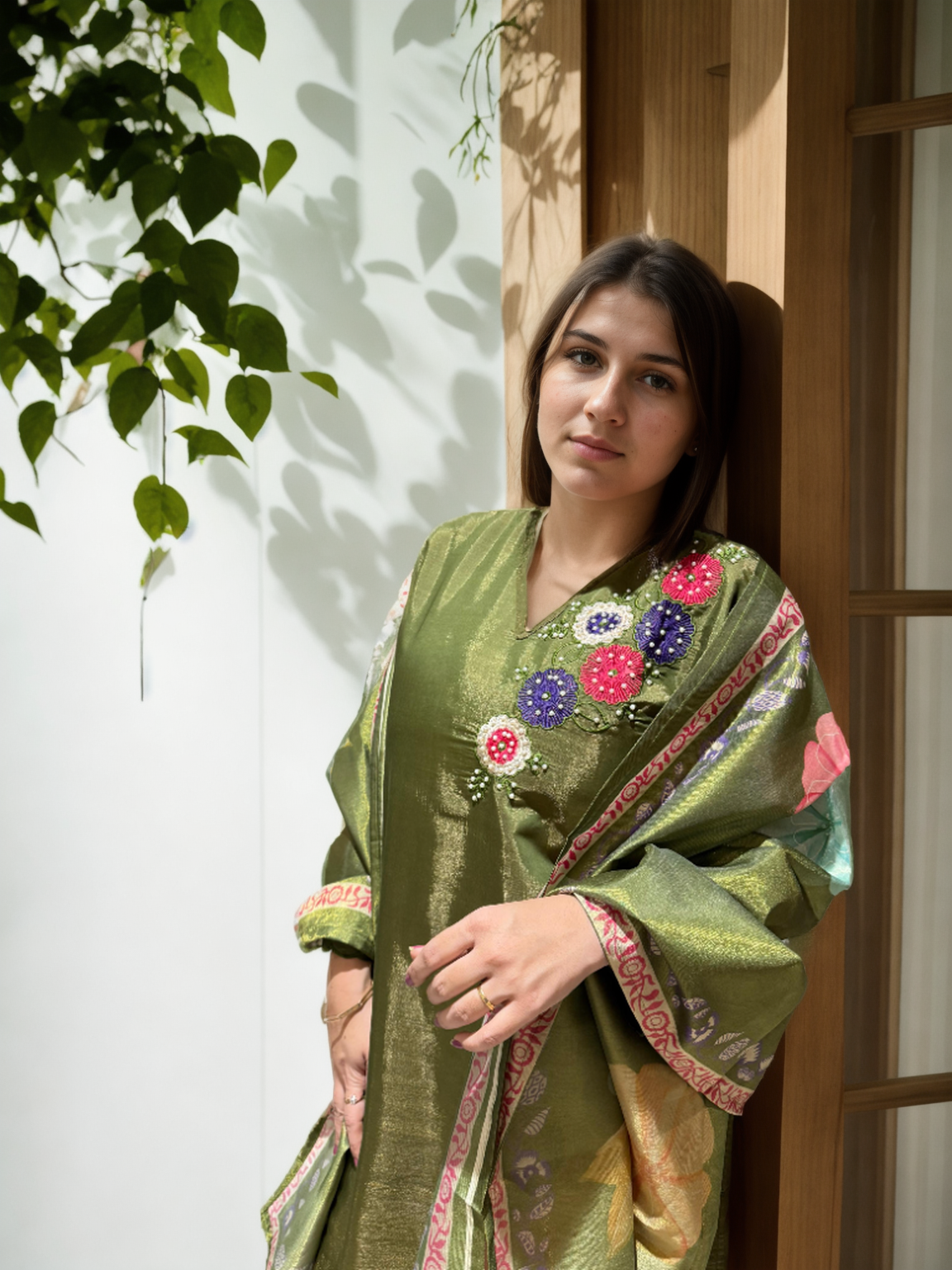 🌟 Shimmer Silk Suit with Digital Dupatta, Embroidery & Pearl Handwork – 3 Colors 🌟