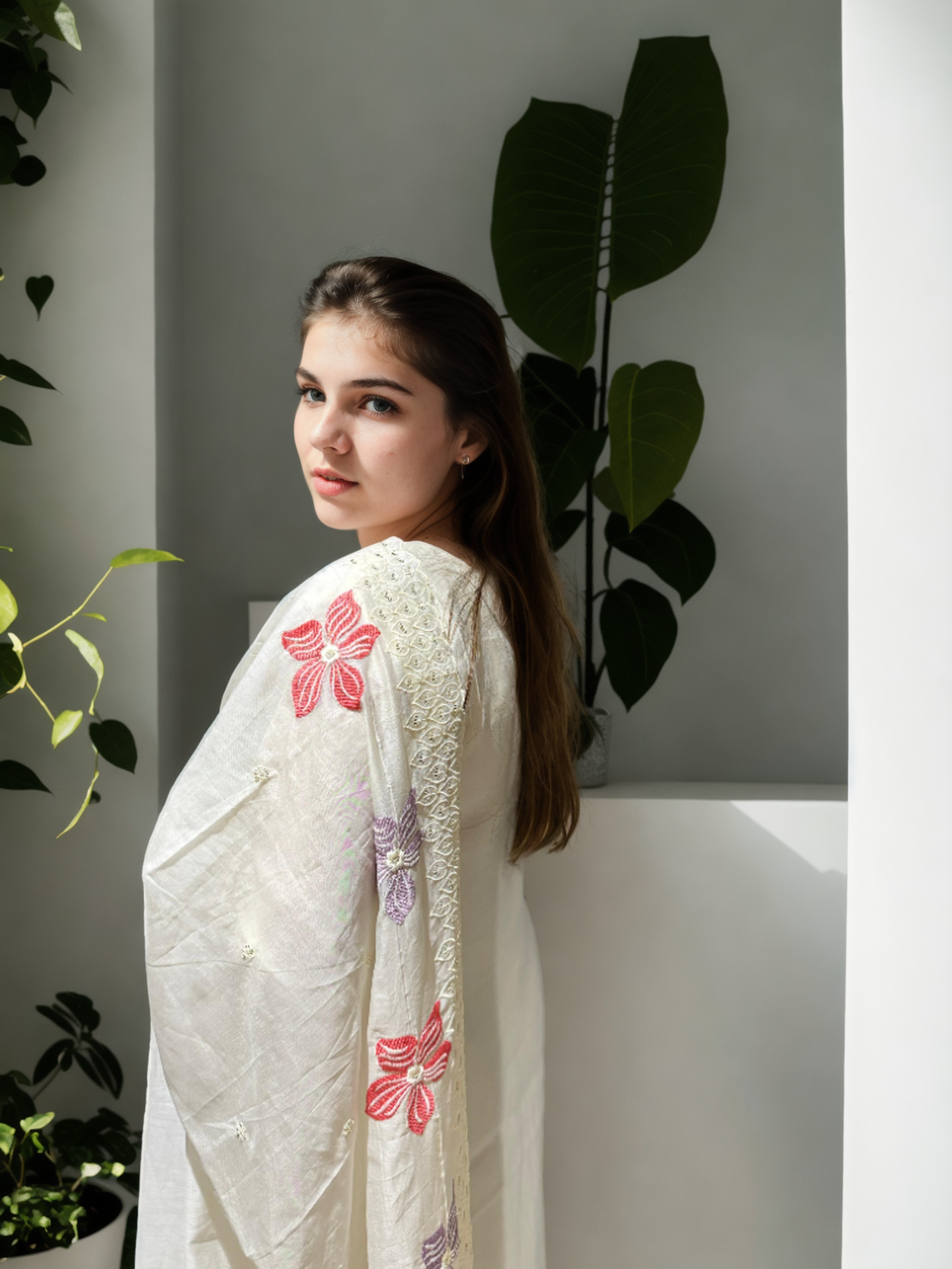 Ivory Mul Chanderi Suit Set with Hand-Embroidered Floral Dupatta 🌸