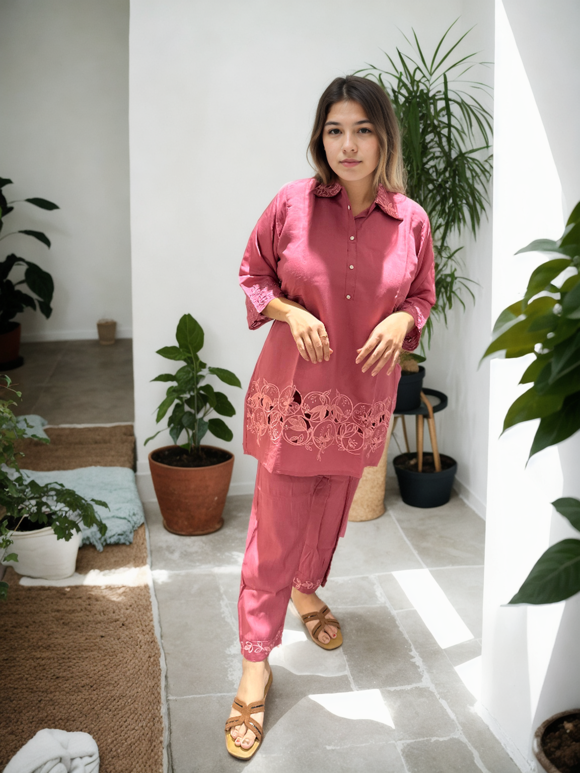 Ziva Cutwork Coord Set – Roman Silk | M to XXL