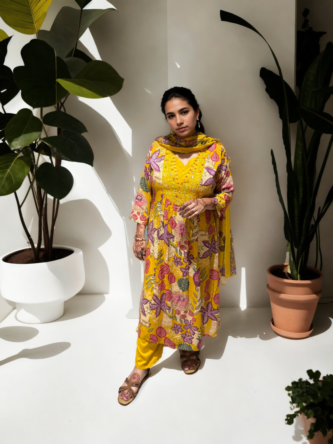 Cotton Ghera 3-Piece Suit Set with Embroidered Neck