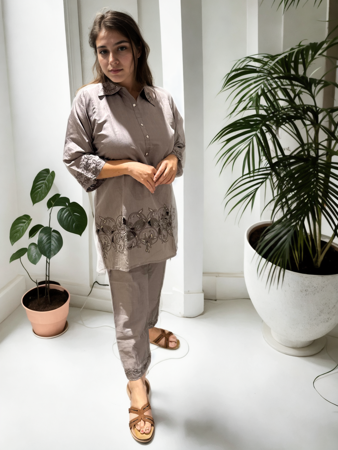 Ziva Cutwork Coord Set – Roman Silk | M to XXL