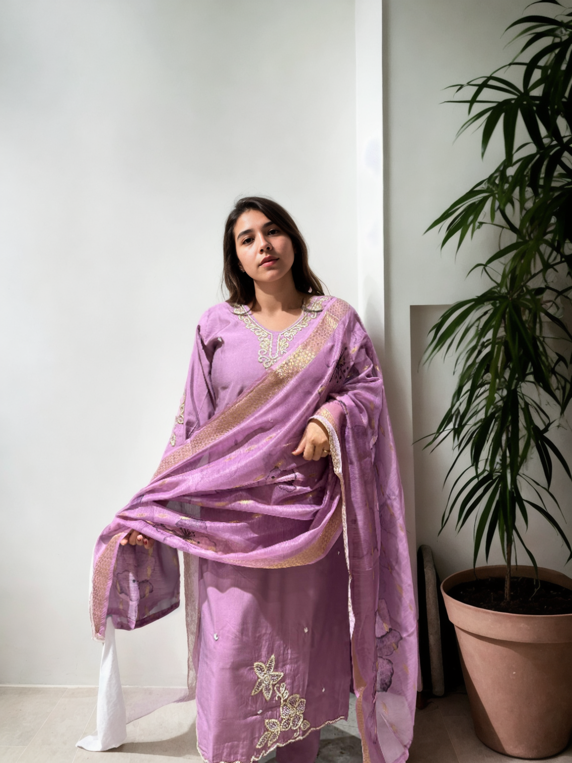 Pure Pearl Handwork Roman Silk Suit Set with Chanderi Dupatta (M-5xl)