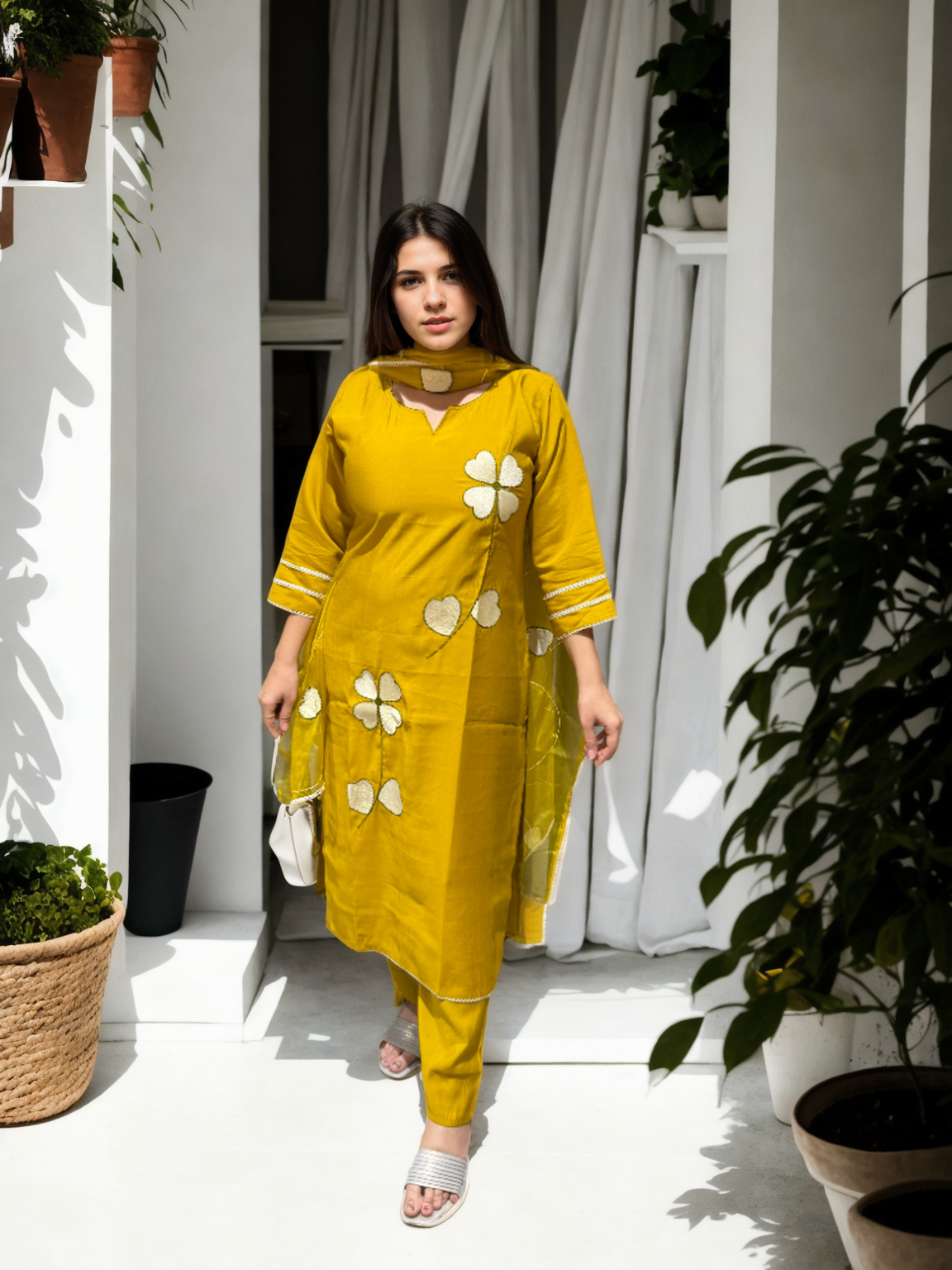 Heart Bloom Suit Set – Roman Silk with Organza Dupatta