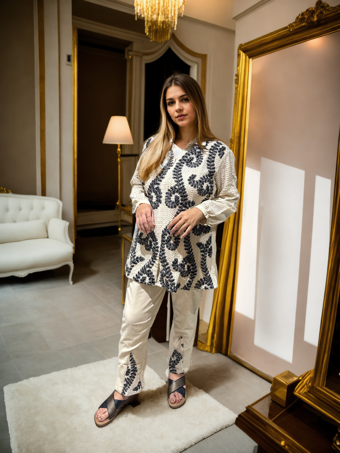 Ivory Khadi Swirl Embroidered Set | Signature Collection