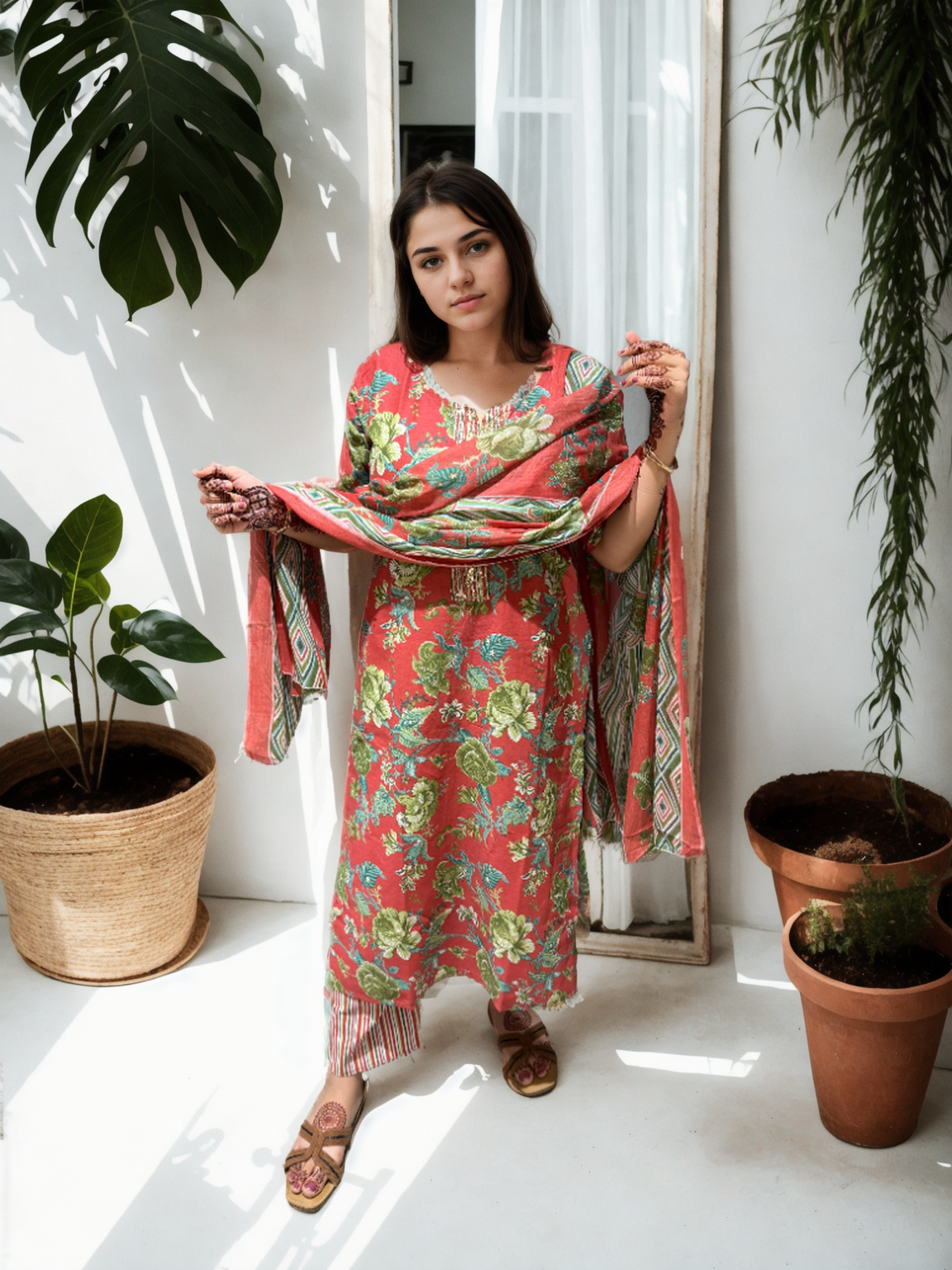 Cotton-Silk Floral Suit with Handwork Neckline