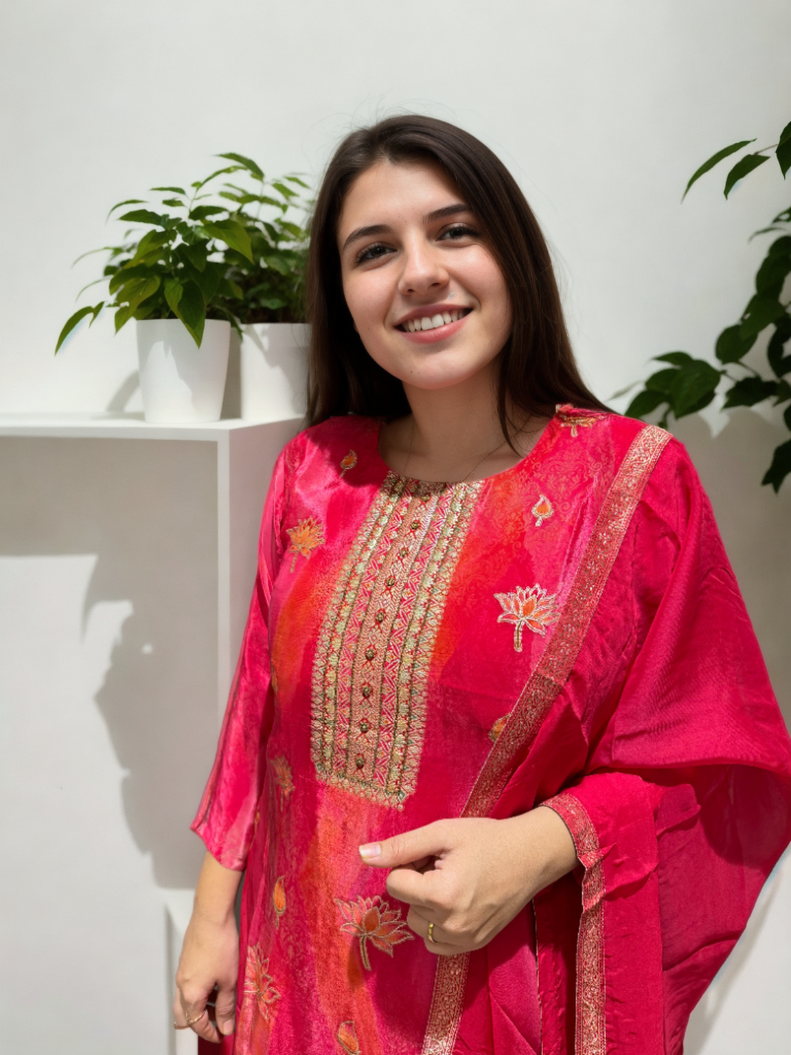 Rani Pink Silk Suit with Lotus Embroidery & Organza Dupatta