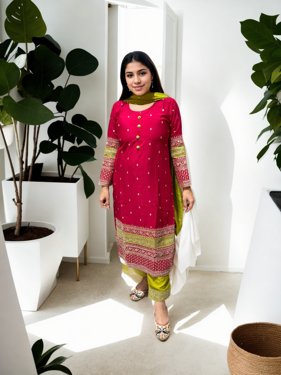 Vichitra Silk Suit Set with Embellished Kurta & Matching Dupatta – Dual Shades