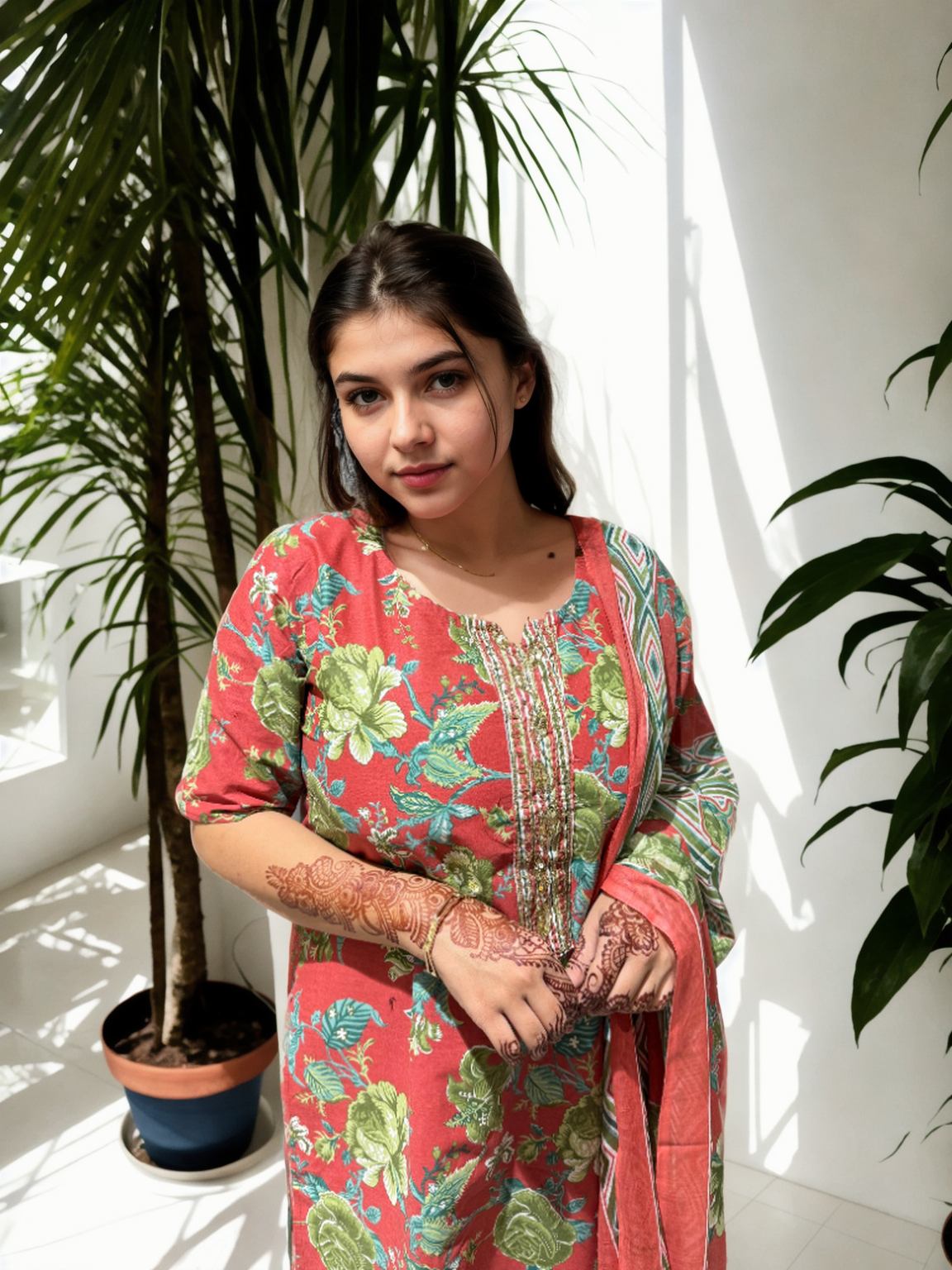 Cotton-Silk Floral Suit with Handwork Neckline