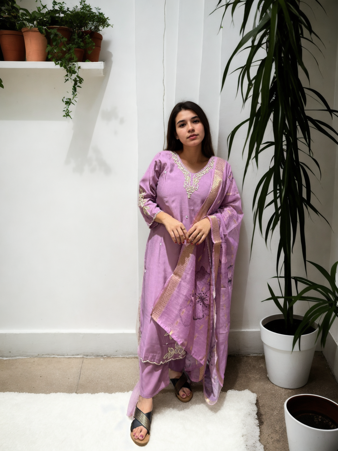 Pure Pearl Handwork Roman Silk Suit Set with Chanderi Dupatta (M-5xl)