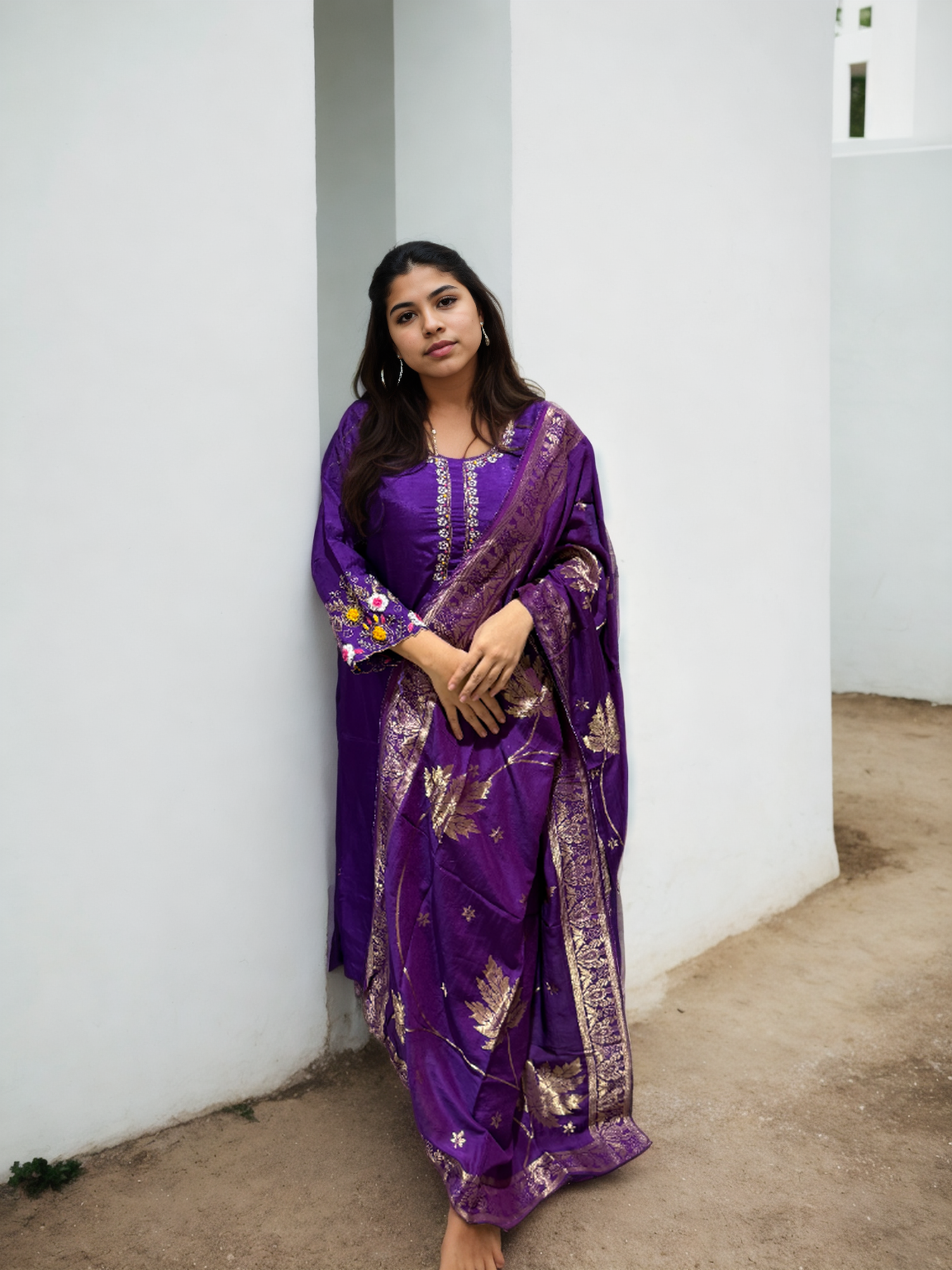 Purple Bloom | Hand-Embroidered Dola Silk Suit Set with Dupatta