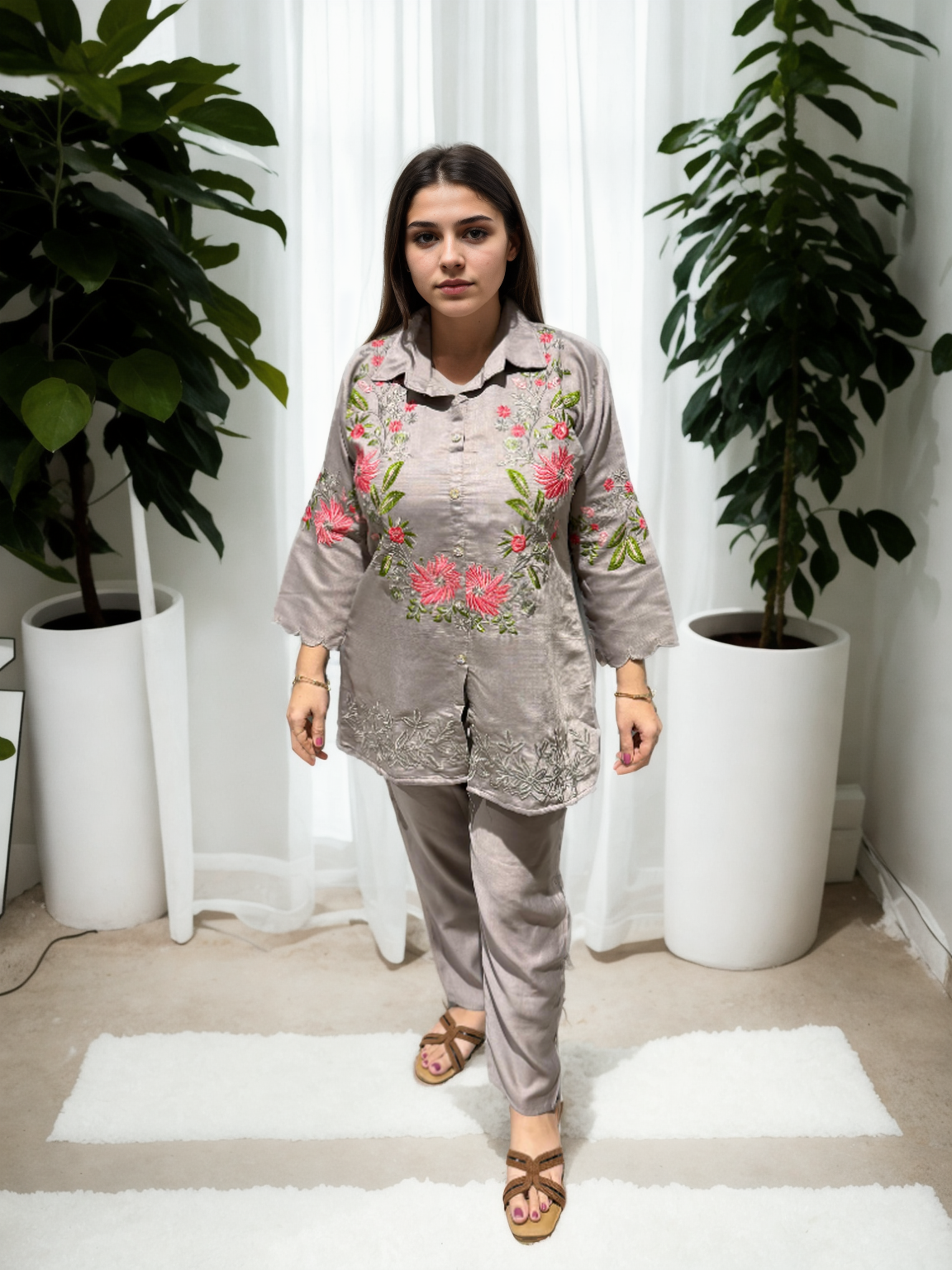 Floral Grace Embroidered Coord Set in Vatican Silk (With Inner)