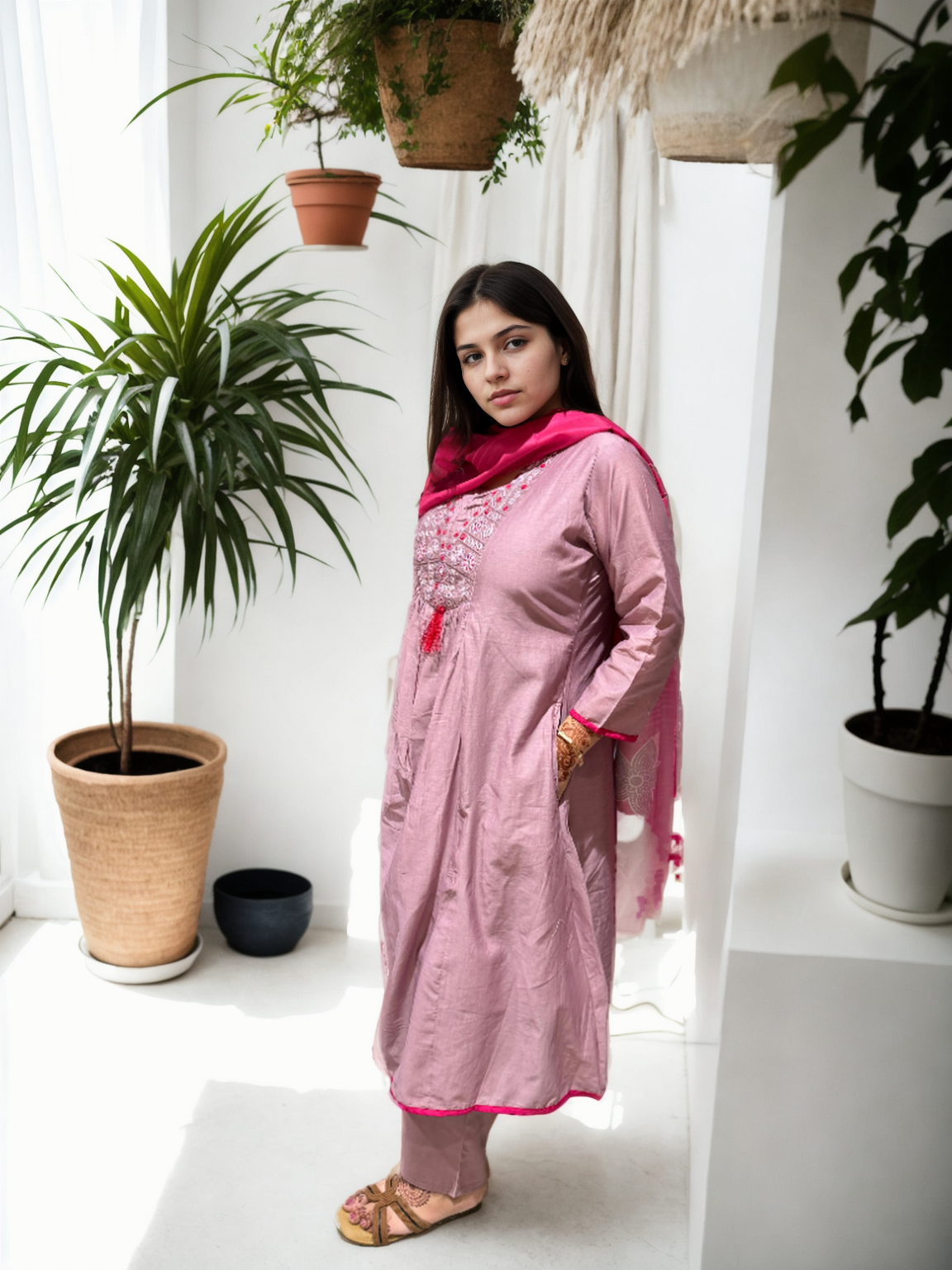 Muk Chanderi 3-Piece Suit Set with Embroidered Neck & Side Pocket
