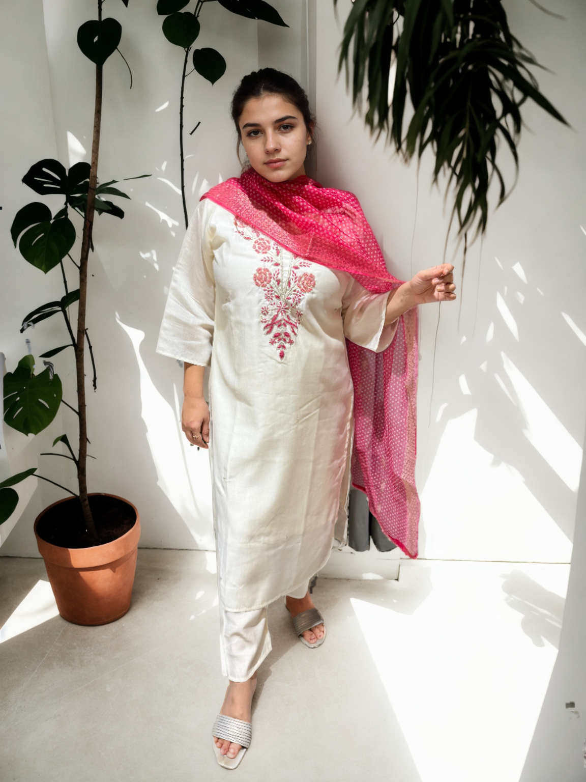 Roman Silk Handwork Suit Set with Bandhani Organza Dupatta (M to 5XL)