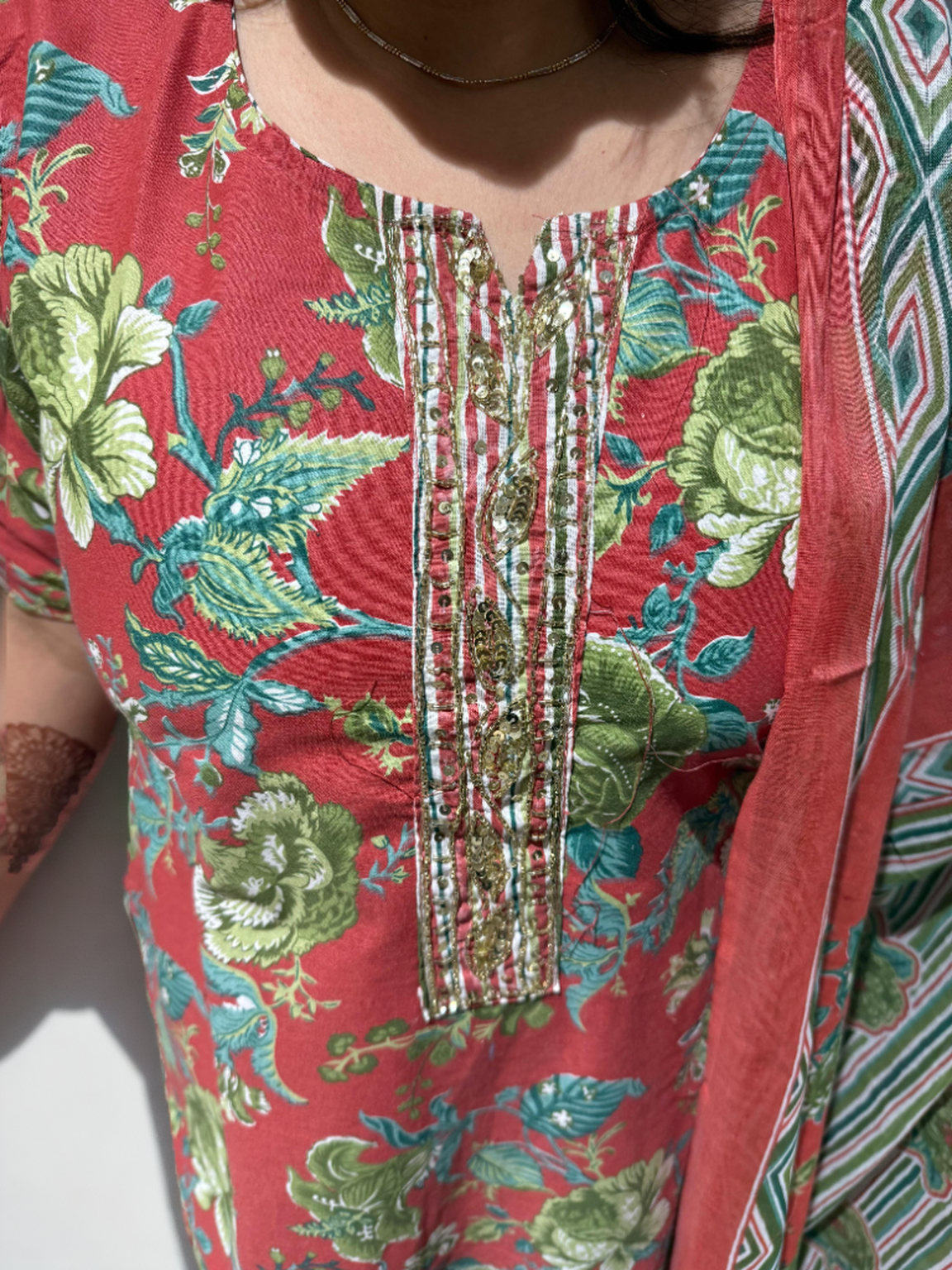 Cotton-Silk Floral Suit with Handwork Neckline