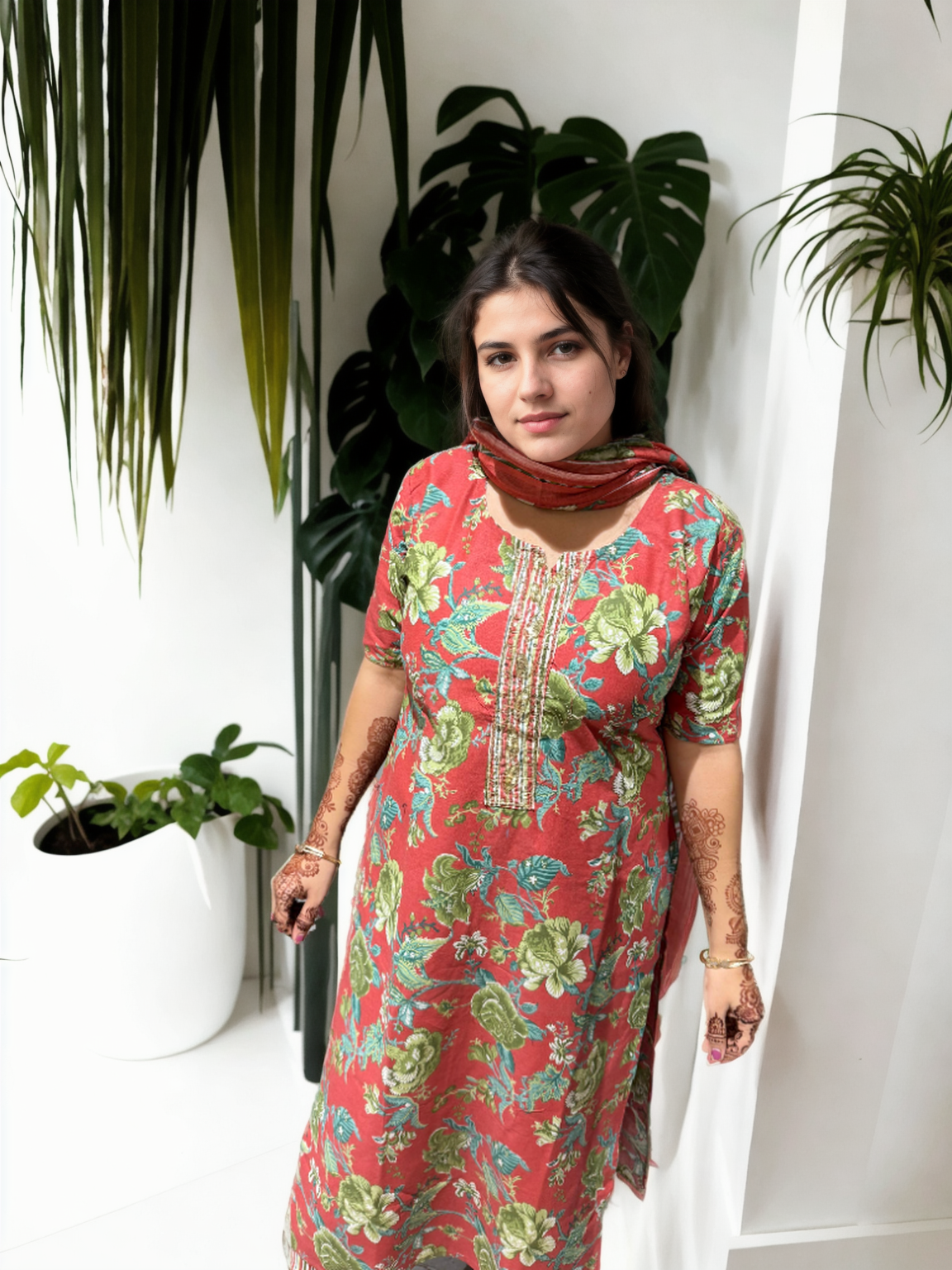 Cotton-Silk Floral Suit with Handwork Neckline