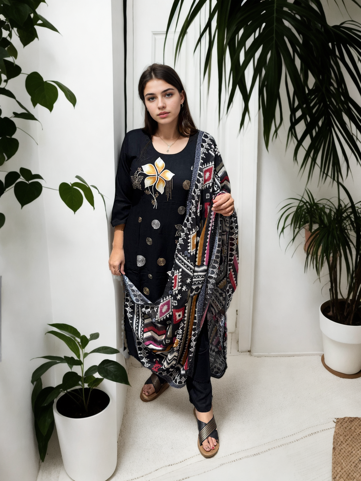 Midnight Bloom Cotton Suit Set with Digital Embroidery | Signature Collection