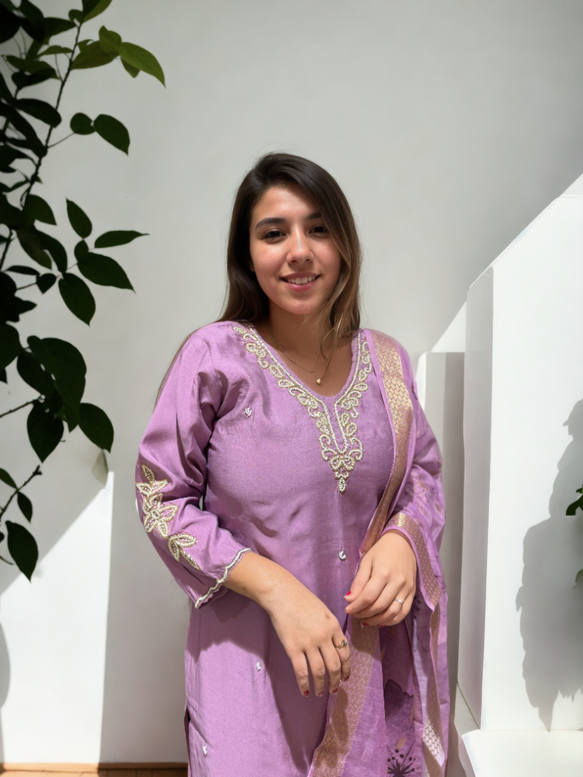 Pure Pearl Handwork Roman Silk Suit Set with Chanderi Dupatta (M-5xl)