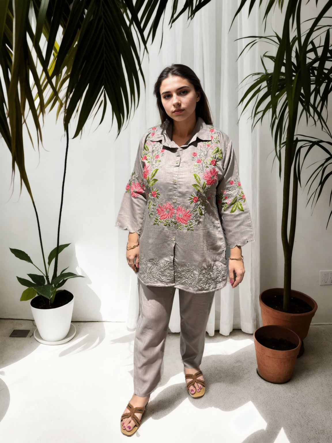 Floral Grace Embroidered Coord Set in Vatican Silk (With Inner)