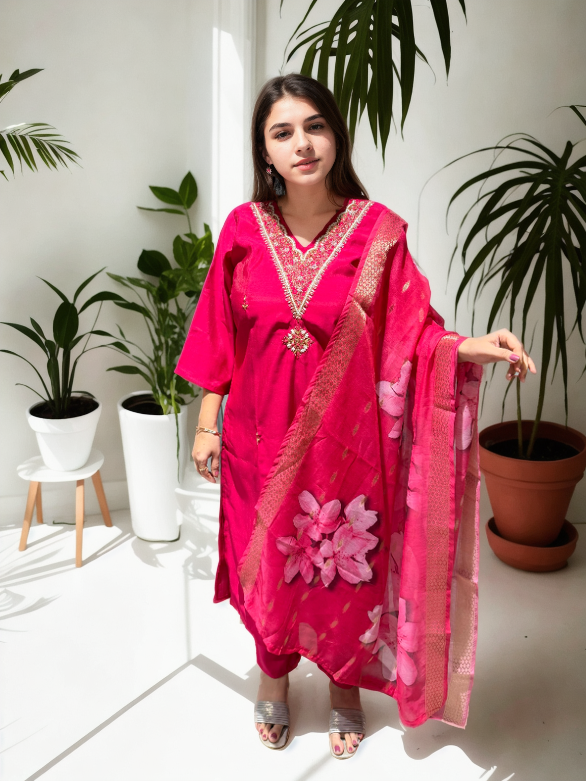 Elegant Roman Silk Suit Set with Handwork – 3 Colours | V-Neck | Chanderi Dupatta