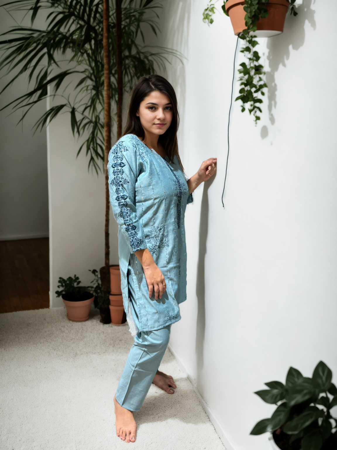 Berlin silk Blue Embroidered Coord Set