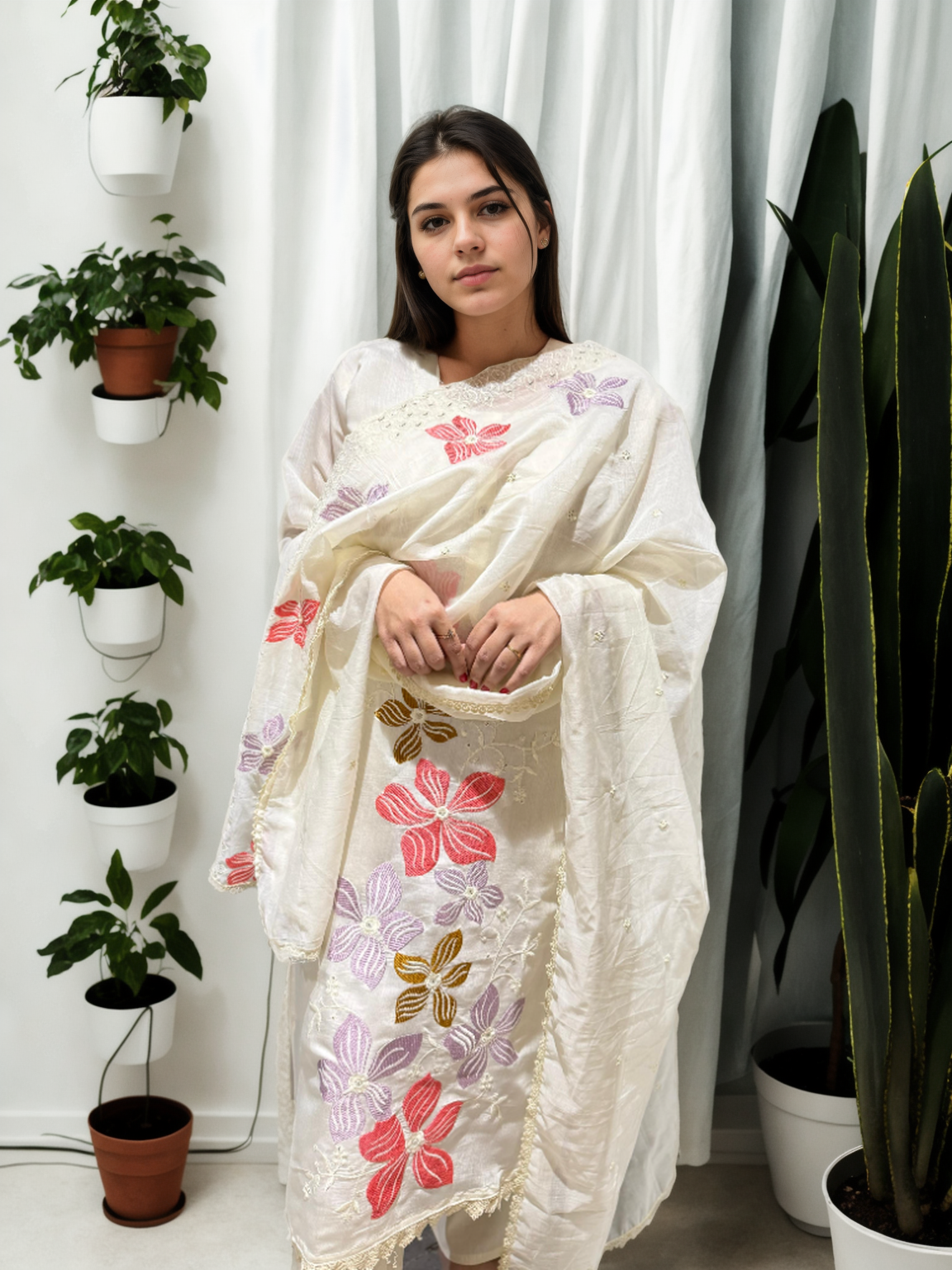 Ivory Mul Chanderi Suit Set with Hand-Embroidered Floral Dupatta 🌸