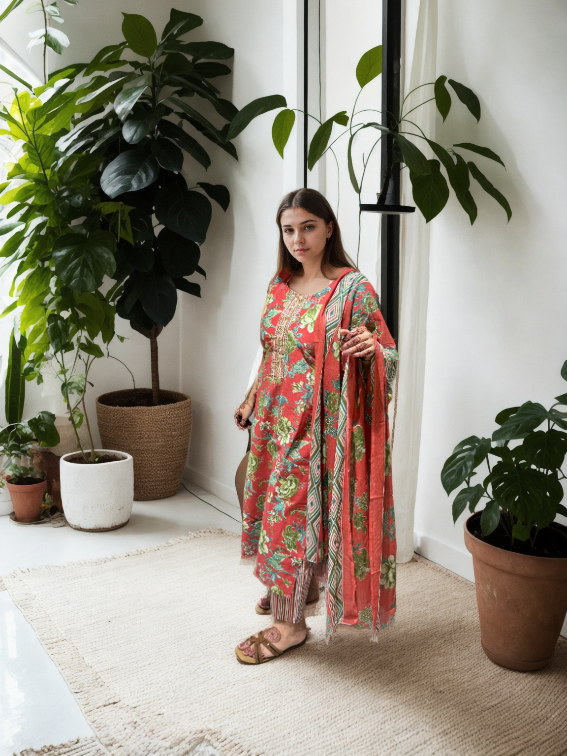 Cotton-Silk Floral Suit with Handwork Neckline