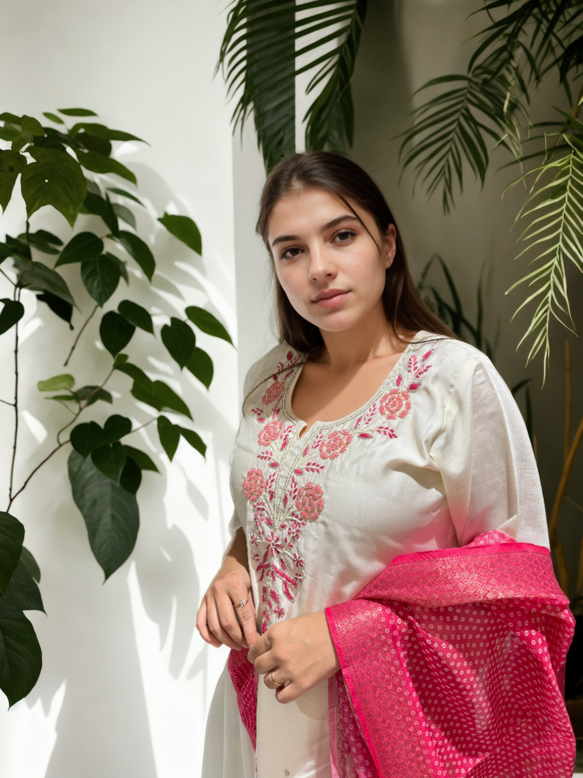 Roman Silk Handwork Suit Set with Bandhani Organza Dupatta (M to 5XL)