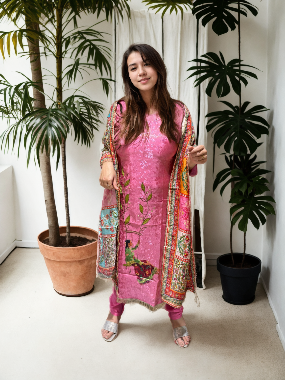 Pink Jacquard Kurta Set with Digital Embroidery & Multi-Silk Dupatta