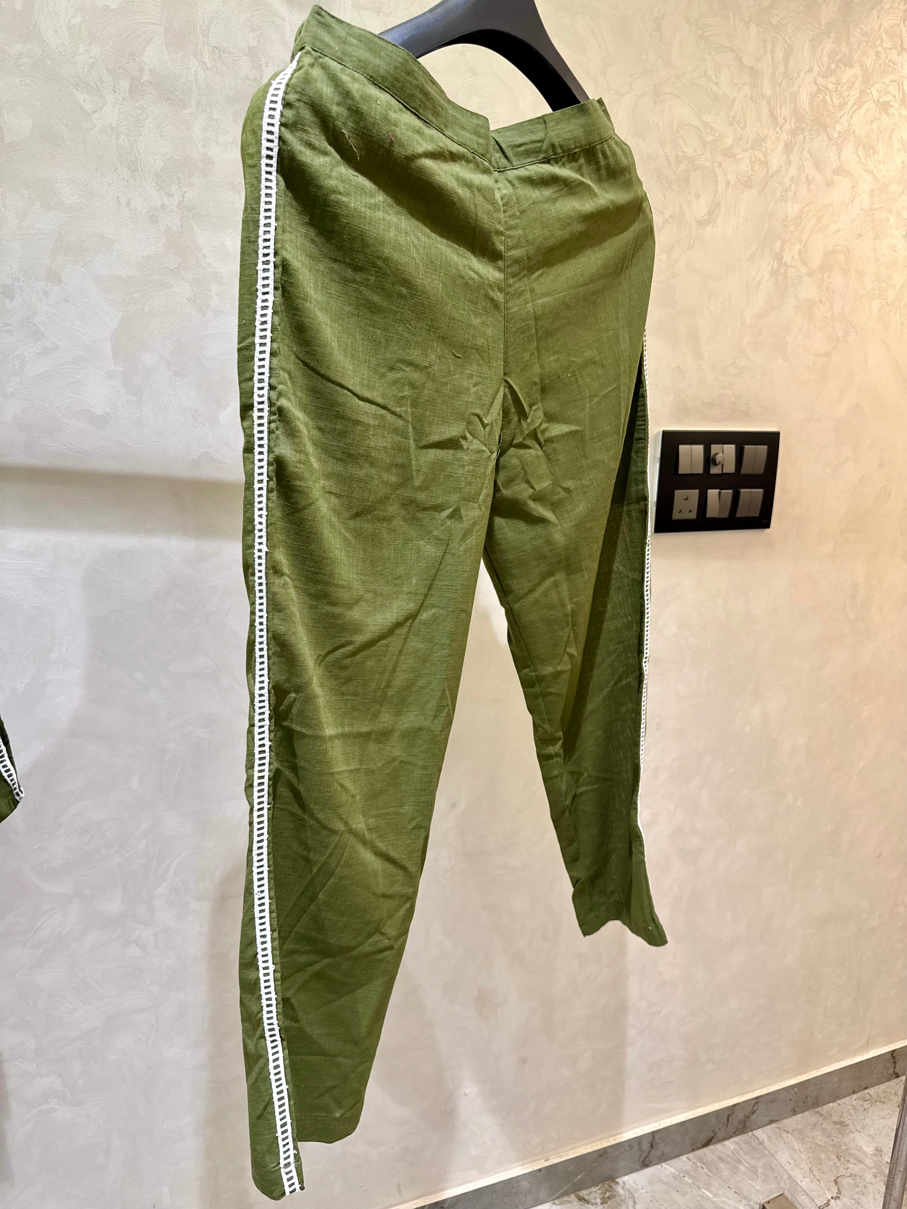 The Olive Aura: Handcrafted Khadi Cotton Co-ord Set with Lace Detailing