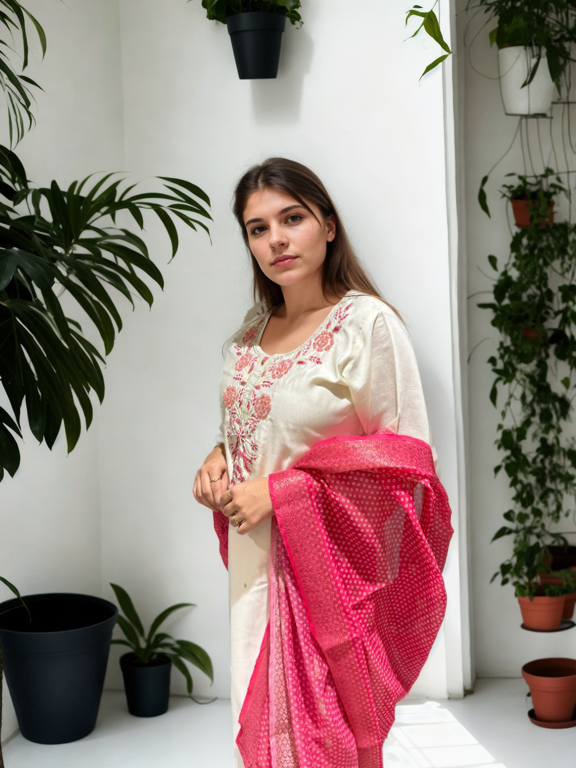 Roman Silk Handwork Suit Set with Bandhani Organza Dupatta (M to 5XL)