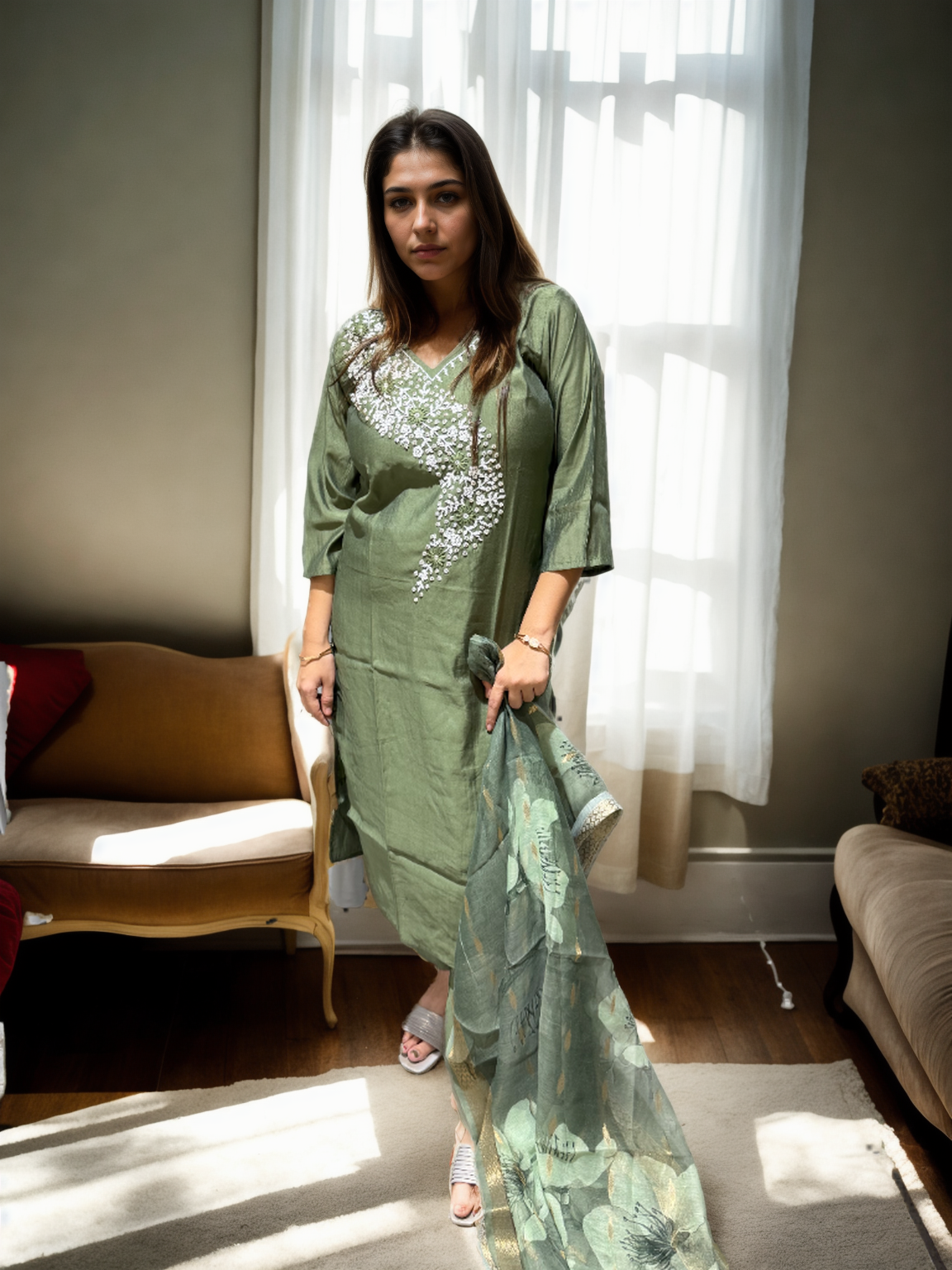 MeeraSetu Roman Elegance – Rose Pink Handwork Kurti Set with Chanderi Dupatta