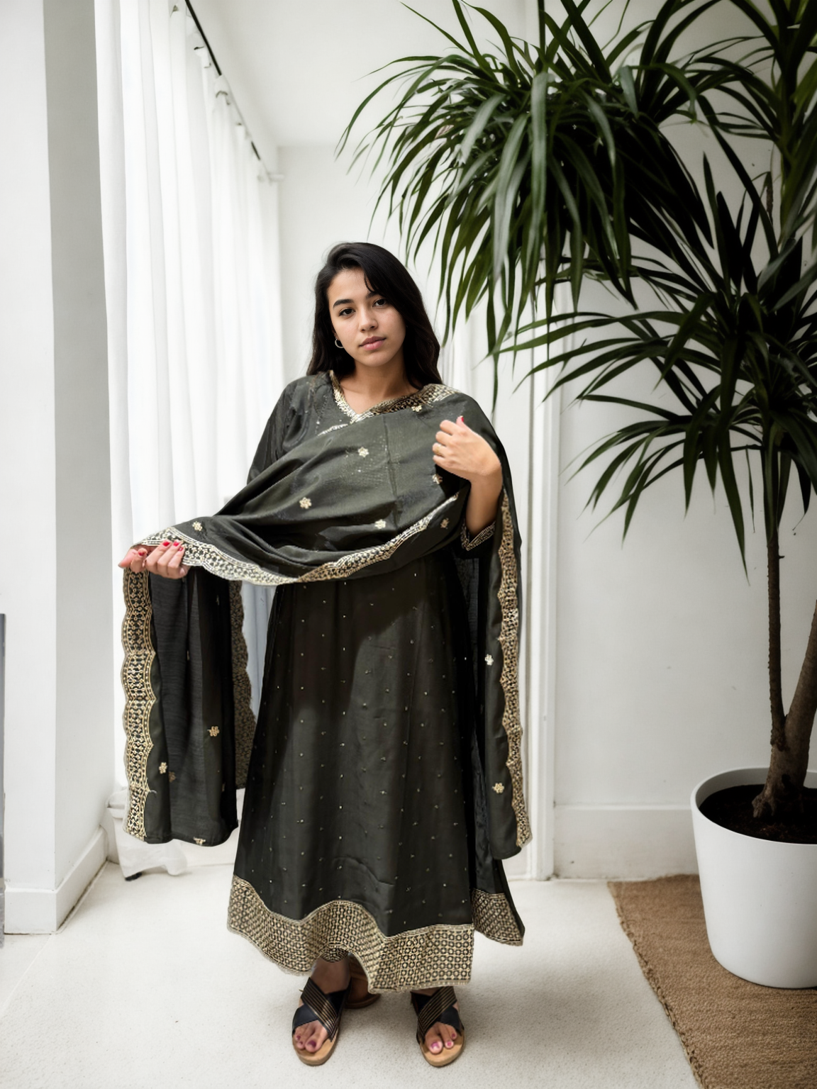 Roman Silk Ghera Suit with Embroidery & Dupatta