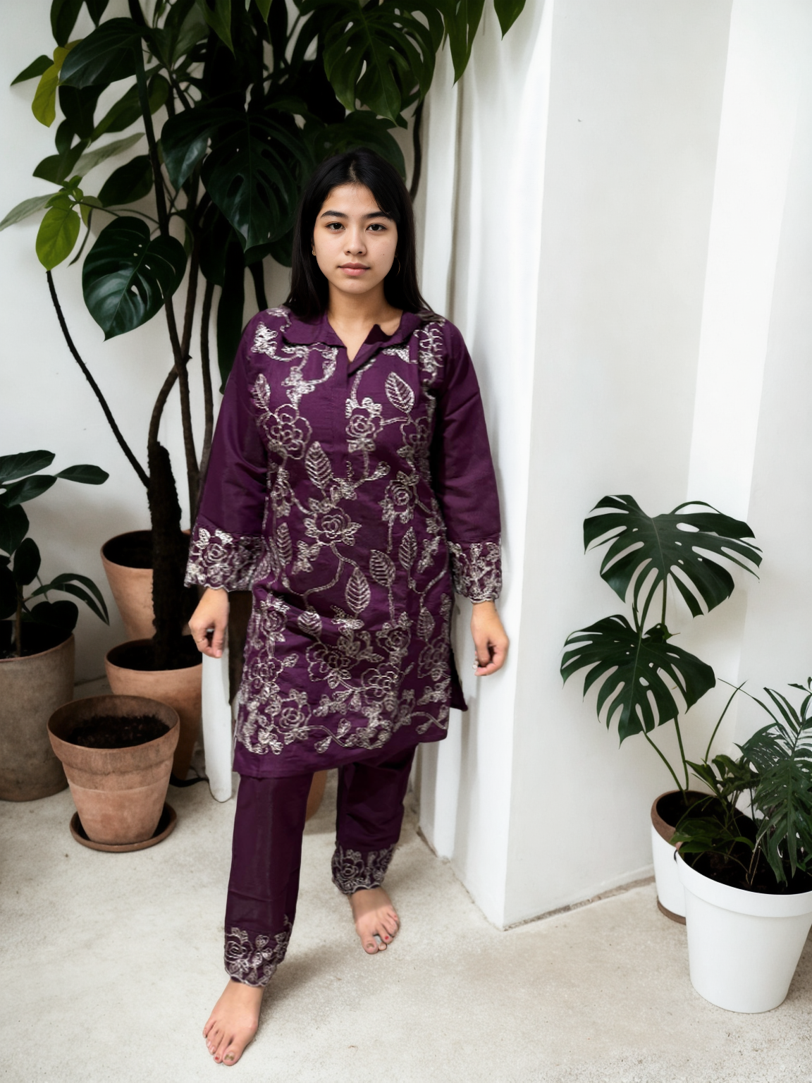 Dori Work Embroidered Coord Set – Roman Silk | Plum & Maroon