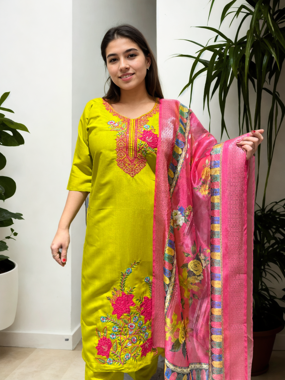 Roman Silk Patch Work Suit with Printed Organza Dupatta