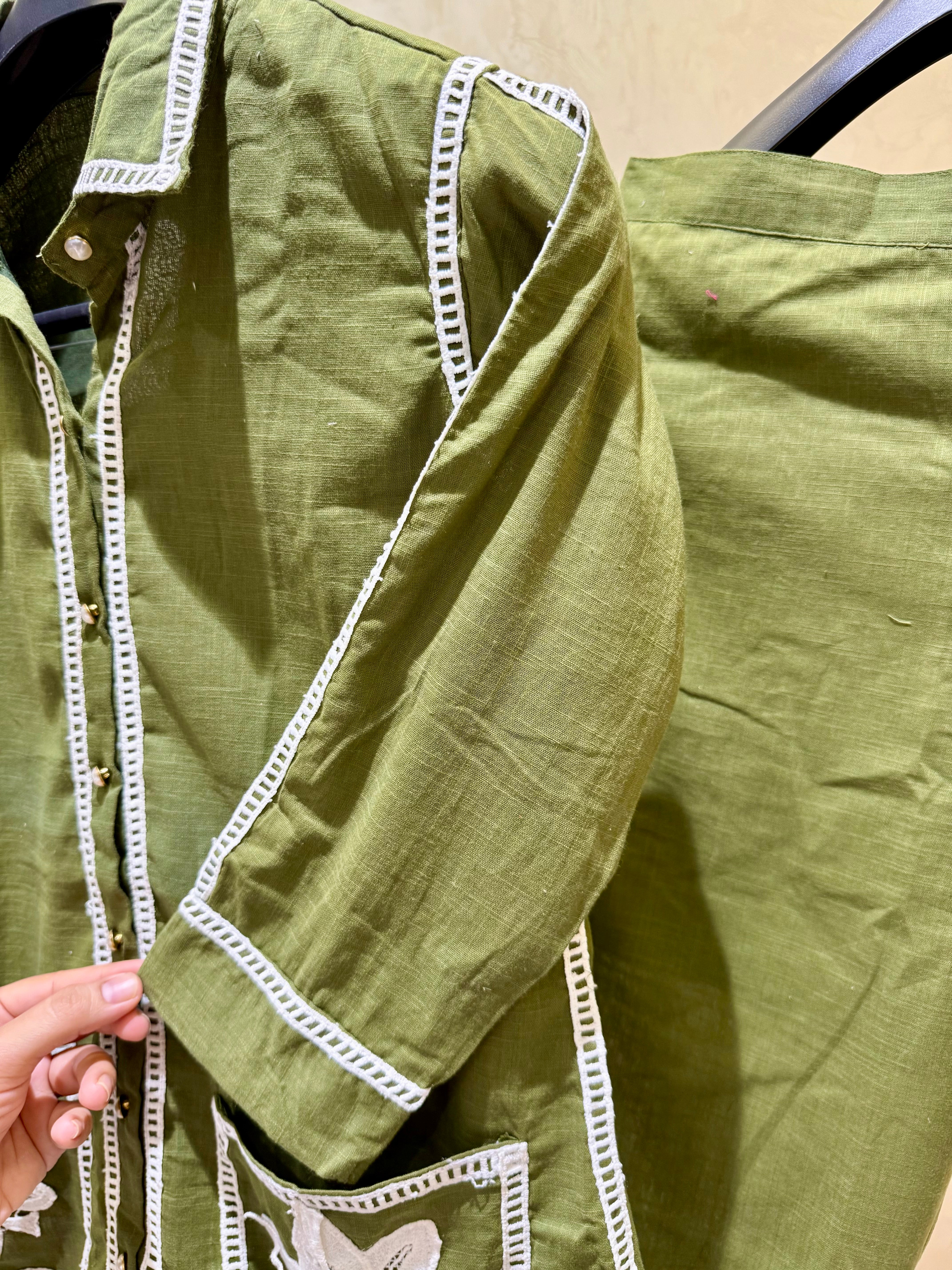 The Olive Aura: Handcrafted Khadi Cotton Co-ord Set with Lace Detailing